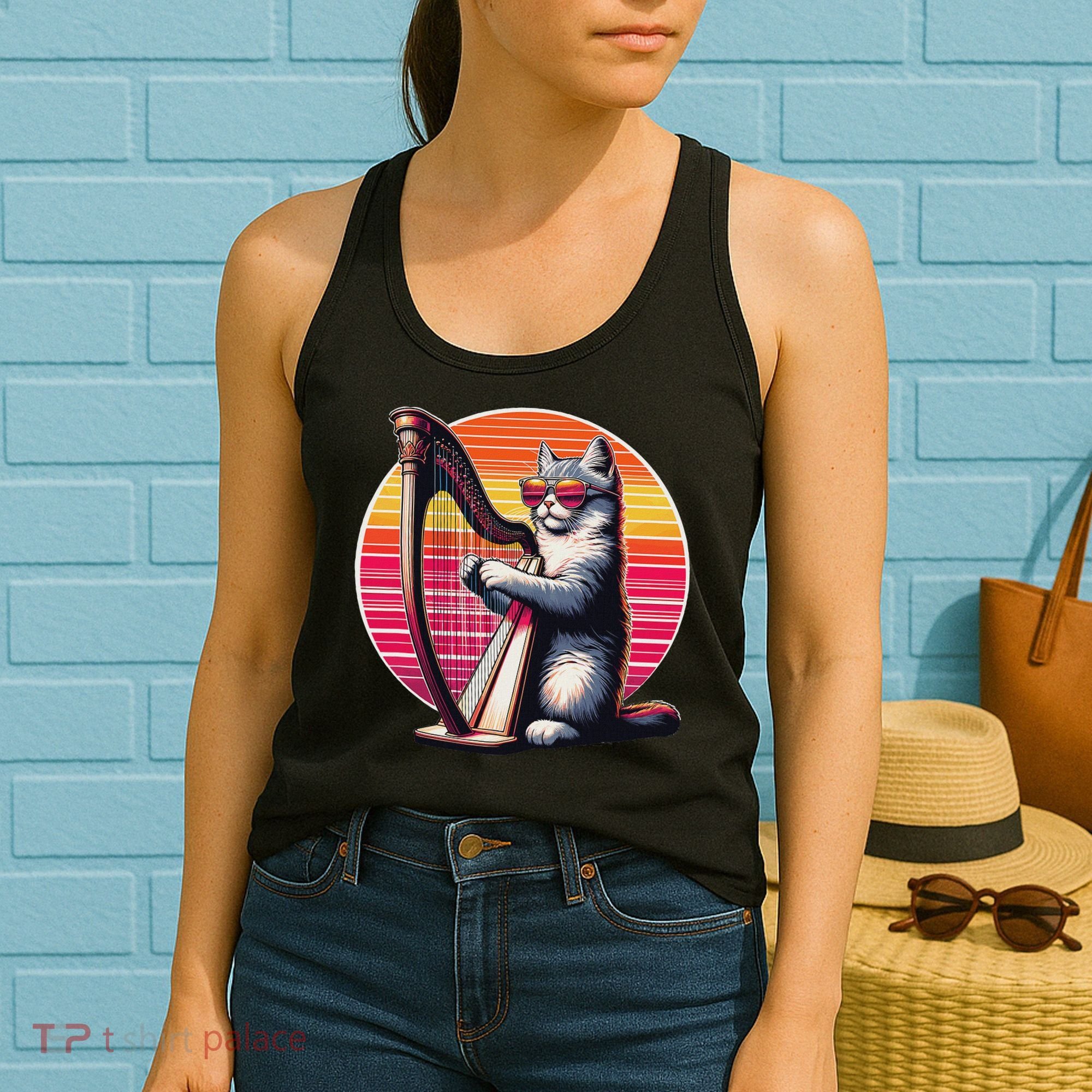Musician Harpist Cat Wearing Sunglasses Cat Playing Harp Women's Tank Top