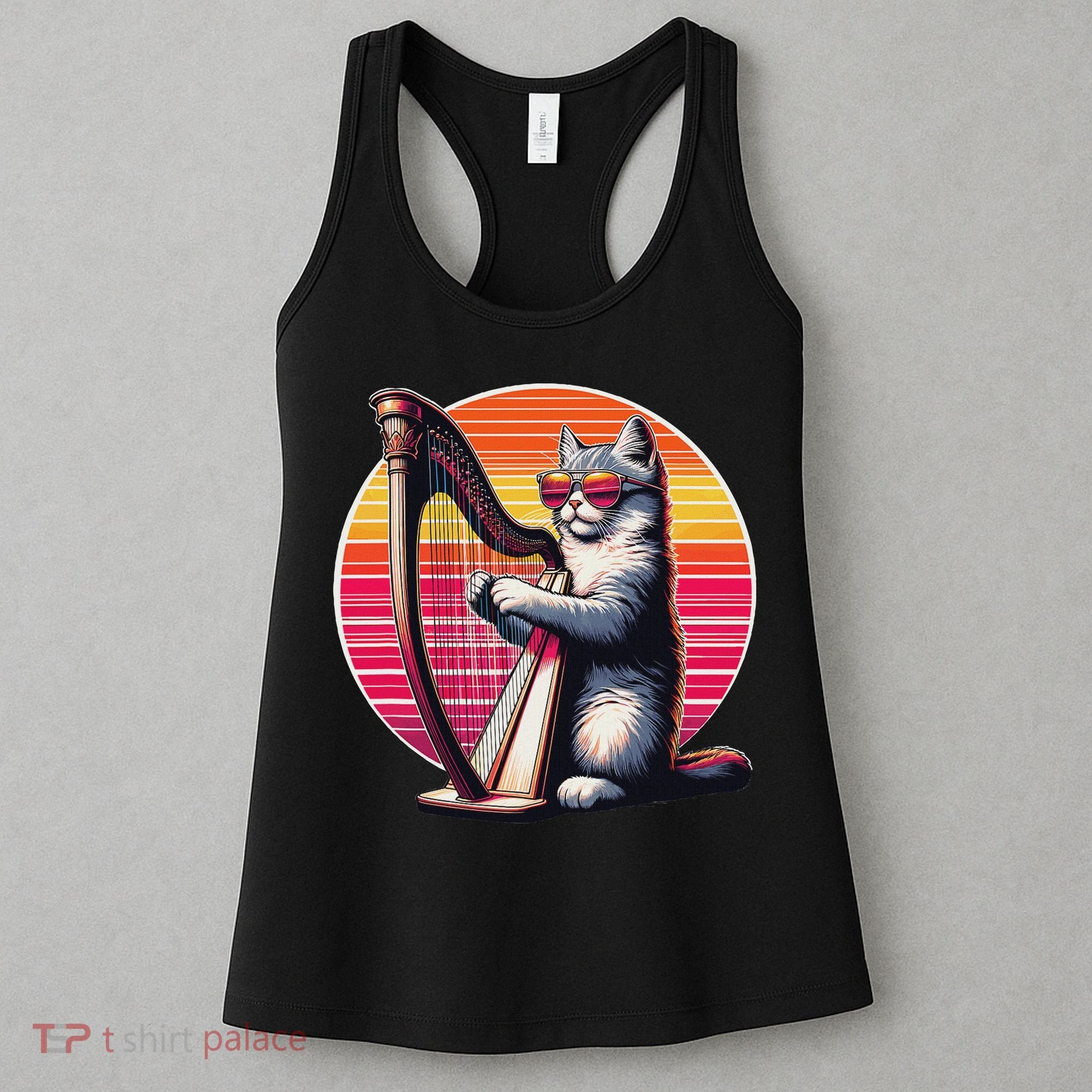 Musician Harpist Cat Wearing Sunglasses Cat Playing Harp Women's Tank Top