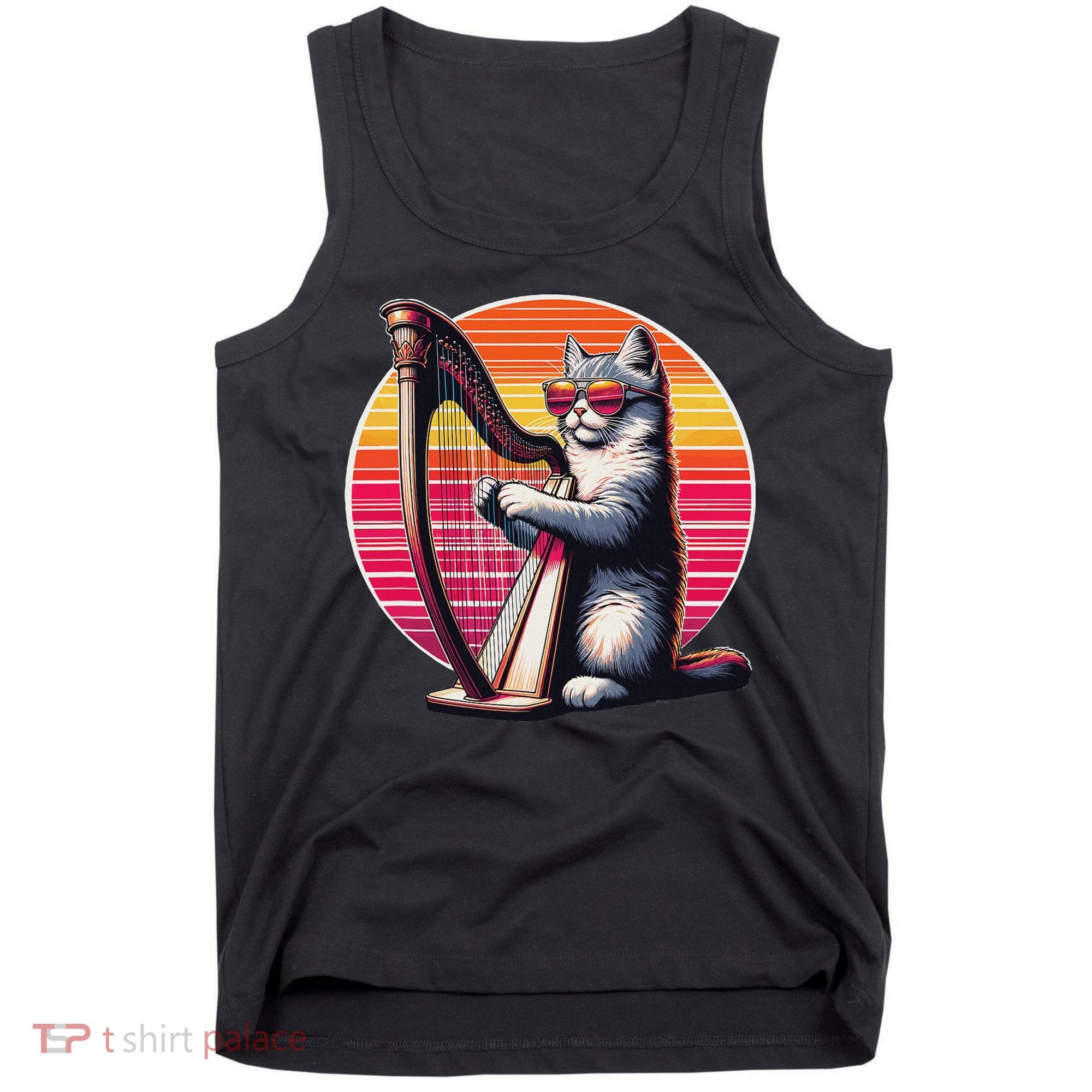 Musician Harpist Cat Wearing Sunglasses Cat Playing Harp Tank Top