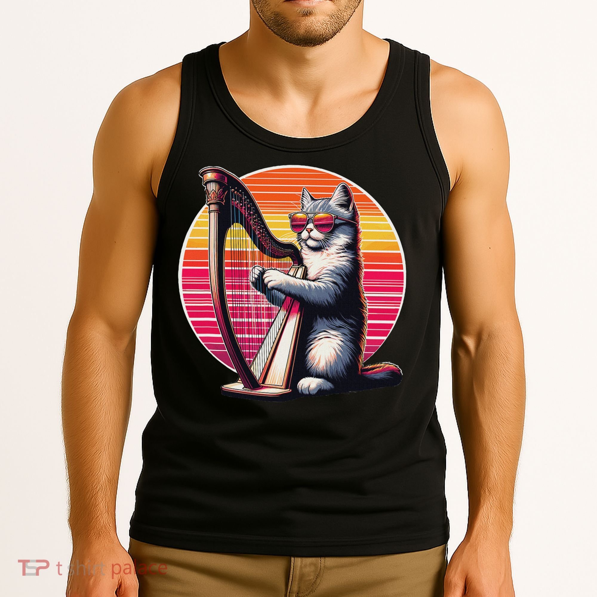 Musician Harpist Cat Wearing Sunglasses Cat Playing Harp Tank Top
