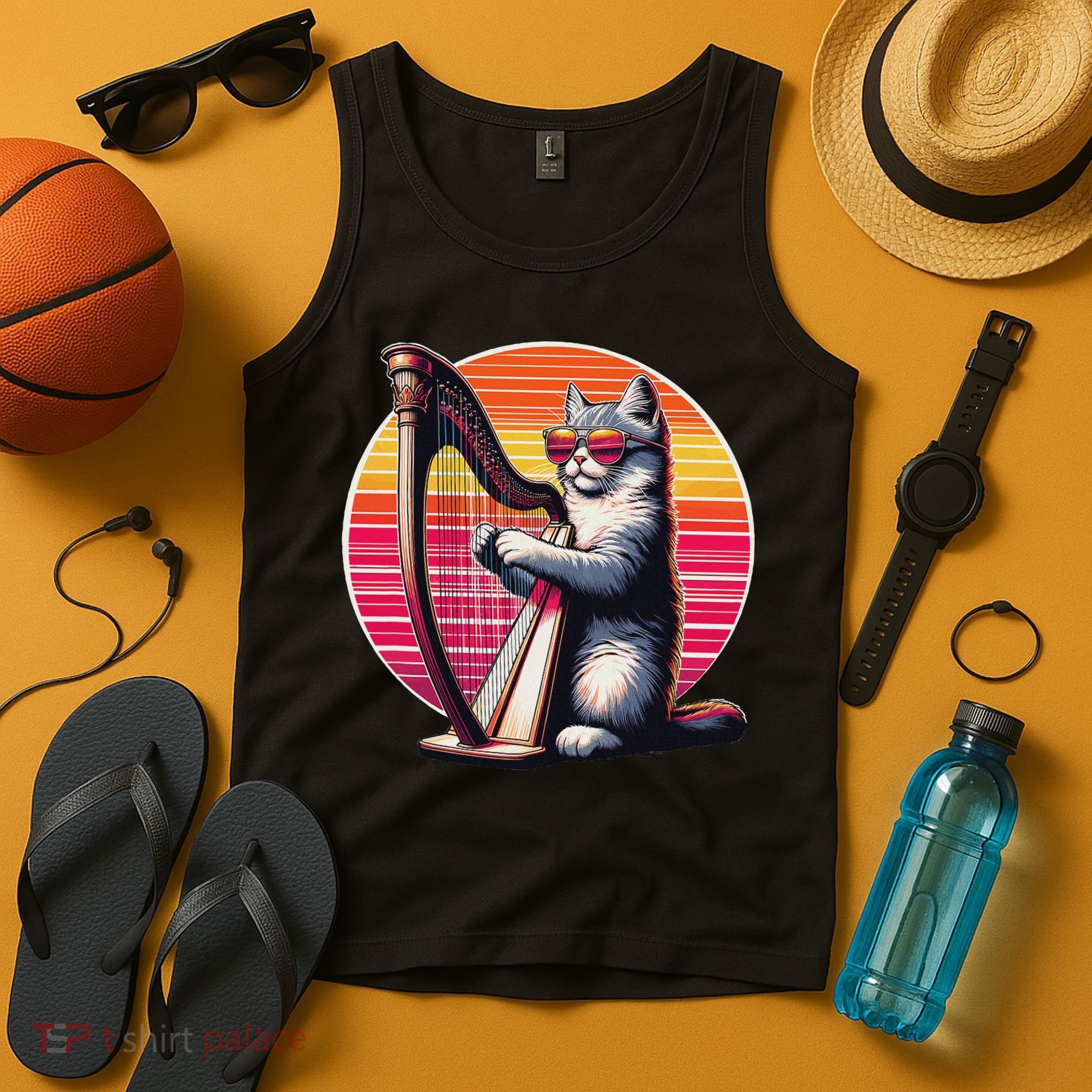 Musician Harpist Cat Wearing Sunglasses Cat Playing Harp Tank Top