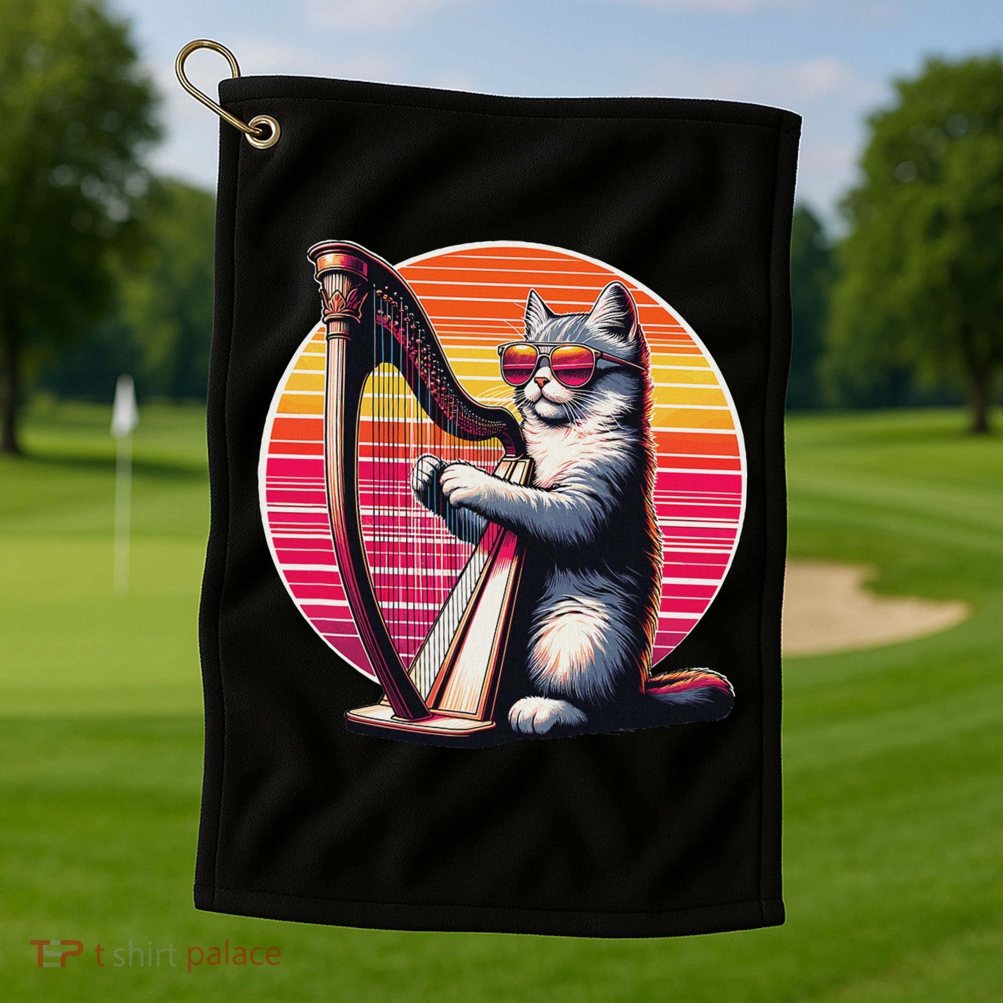 Musician Harpist Cat Wearing Sunglasses Cat Playing Harp Golf Towel