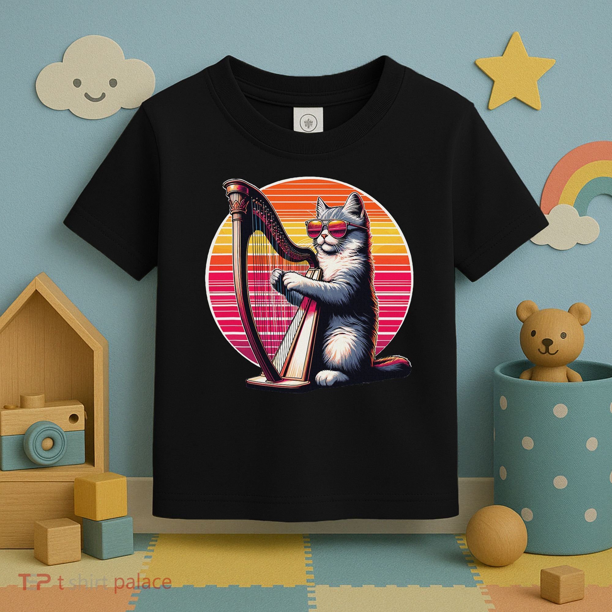 Musician Harpist Cat Wearing Sunglasses Cat Playing Harp Toddler T-Shirt
