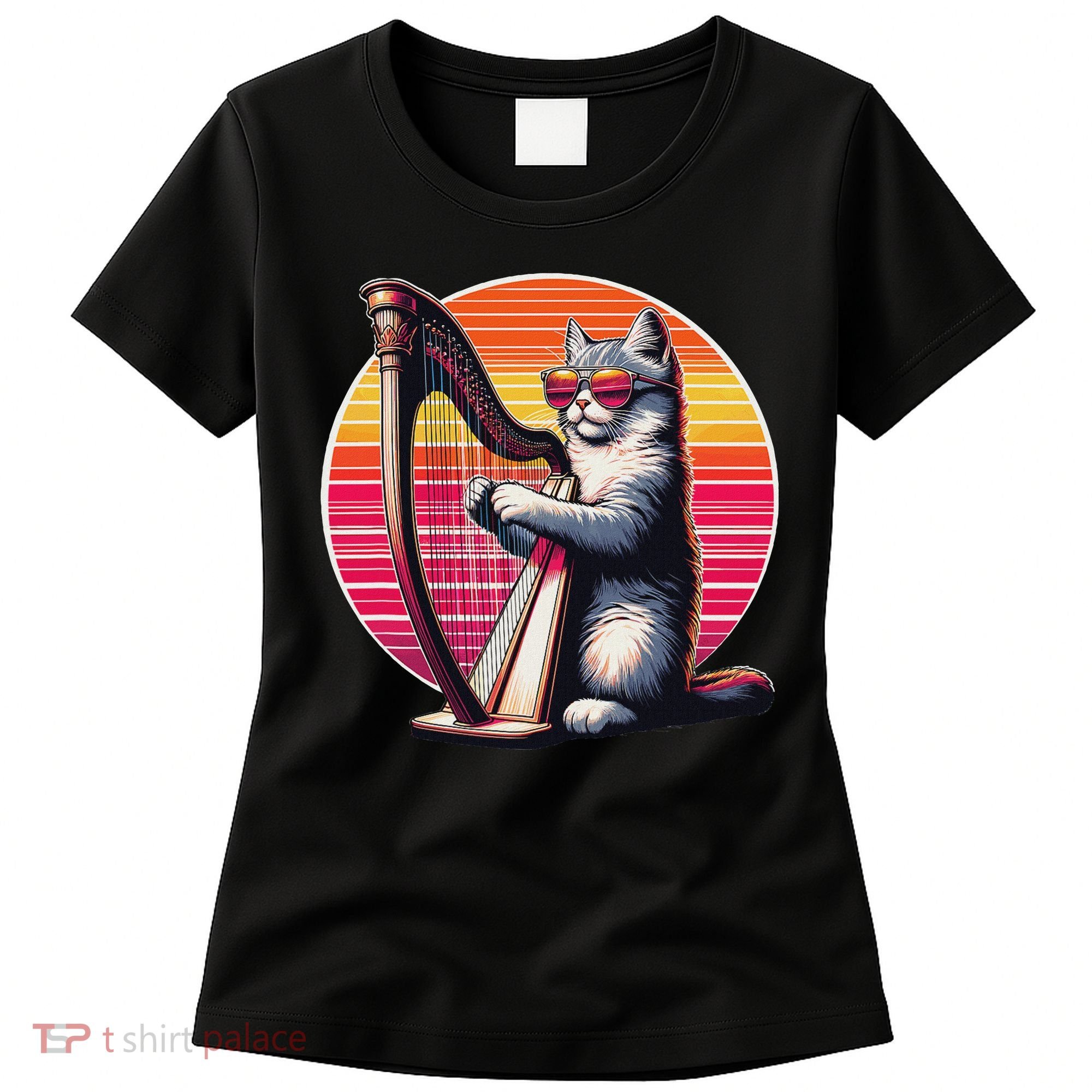 Musician Harpist Cat Wearing Sunglasses Cat Playing Harp Women's T-Shirt