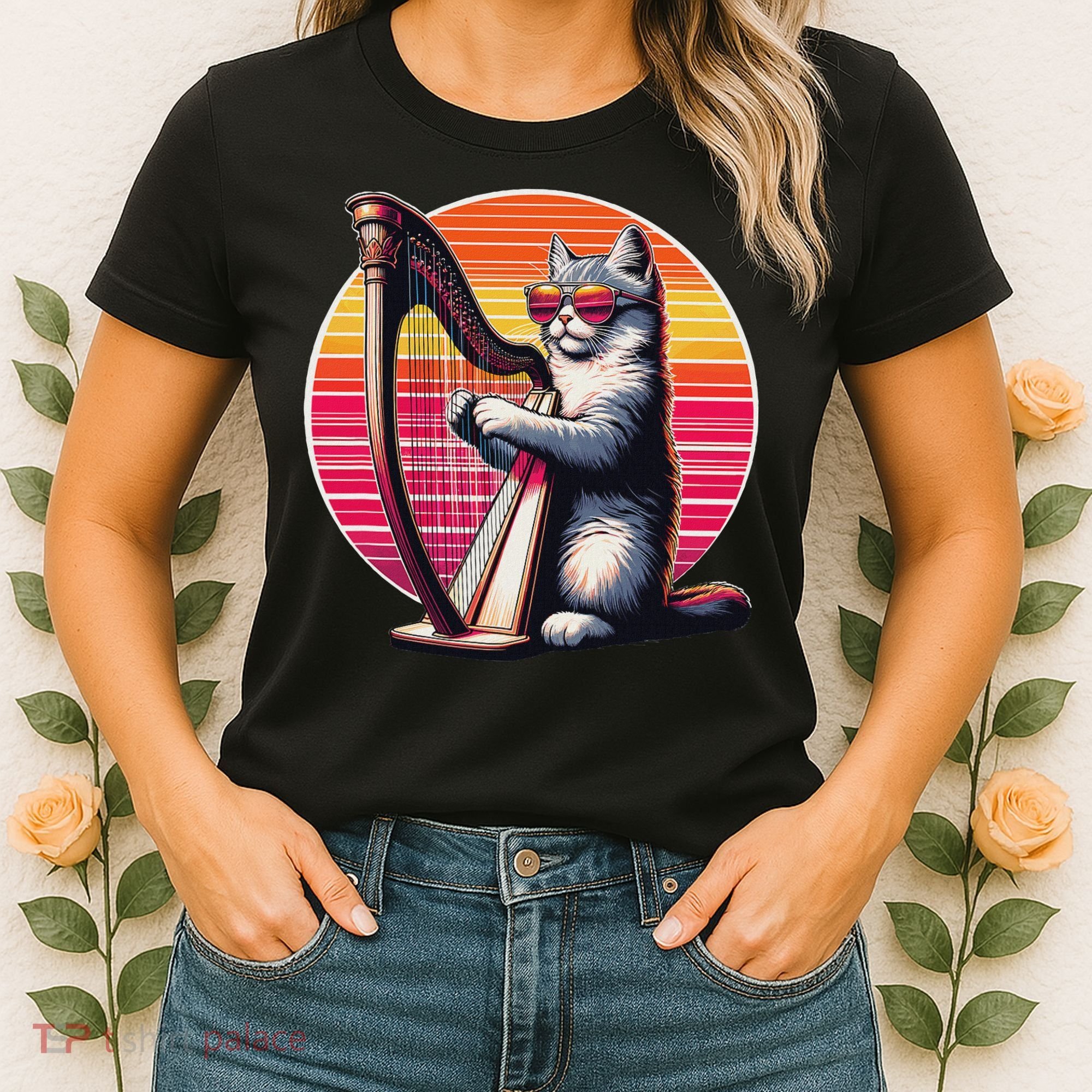 Musician Harpist Cat Wearing Sunglasses Cat Playing Harp Women's T-Shirt