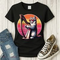 Musician Harpist Cat Wearing Sunglasses Cat Playing Harp Women's T-Shirt thumb 3
