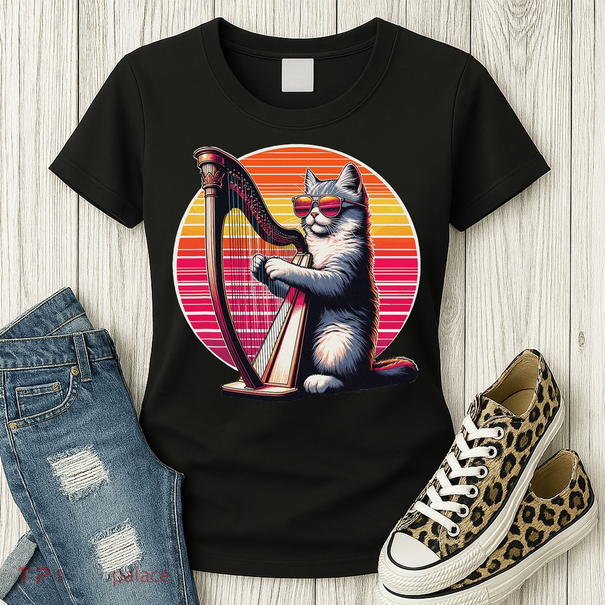 Musician Harpist Cat Wearing Sunglasses Cat Playing Harp Women's T-Shirt