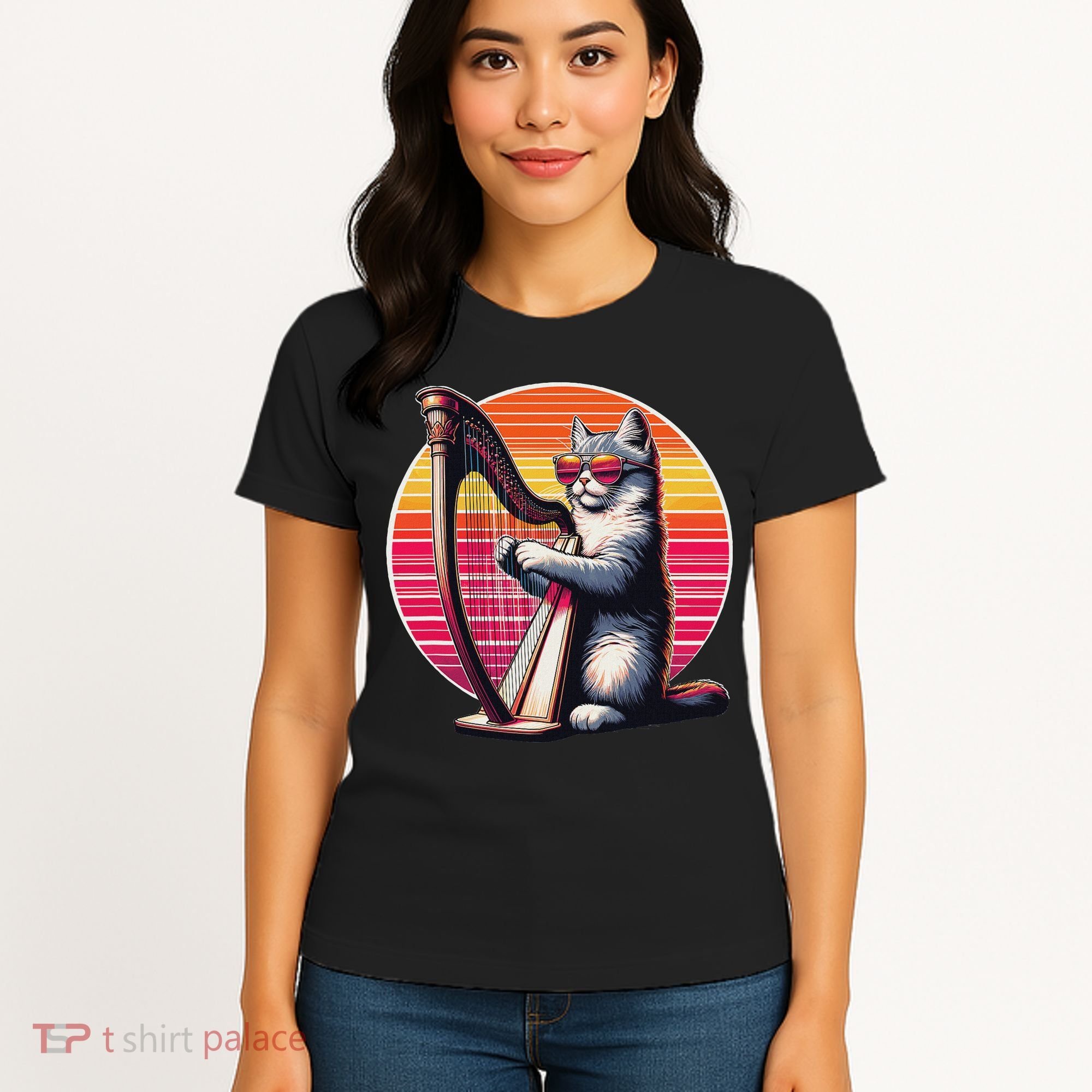 Musician Harpist Cat Wearing Sunglasses Cat Playing Harp Women's T-Shirt