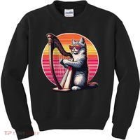 Musician Harpist Cat Wearing Sunglasses Cat Playing Harp Kids Sweatshirt thumb 0
