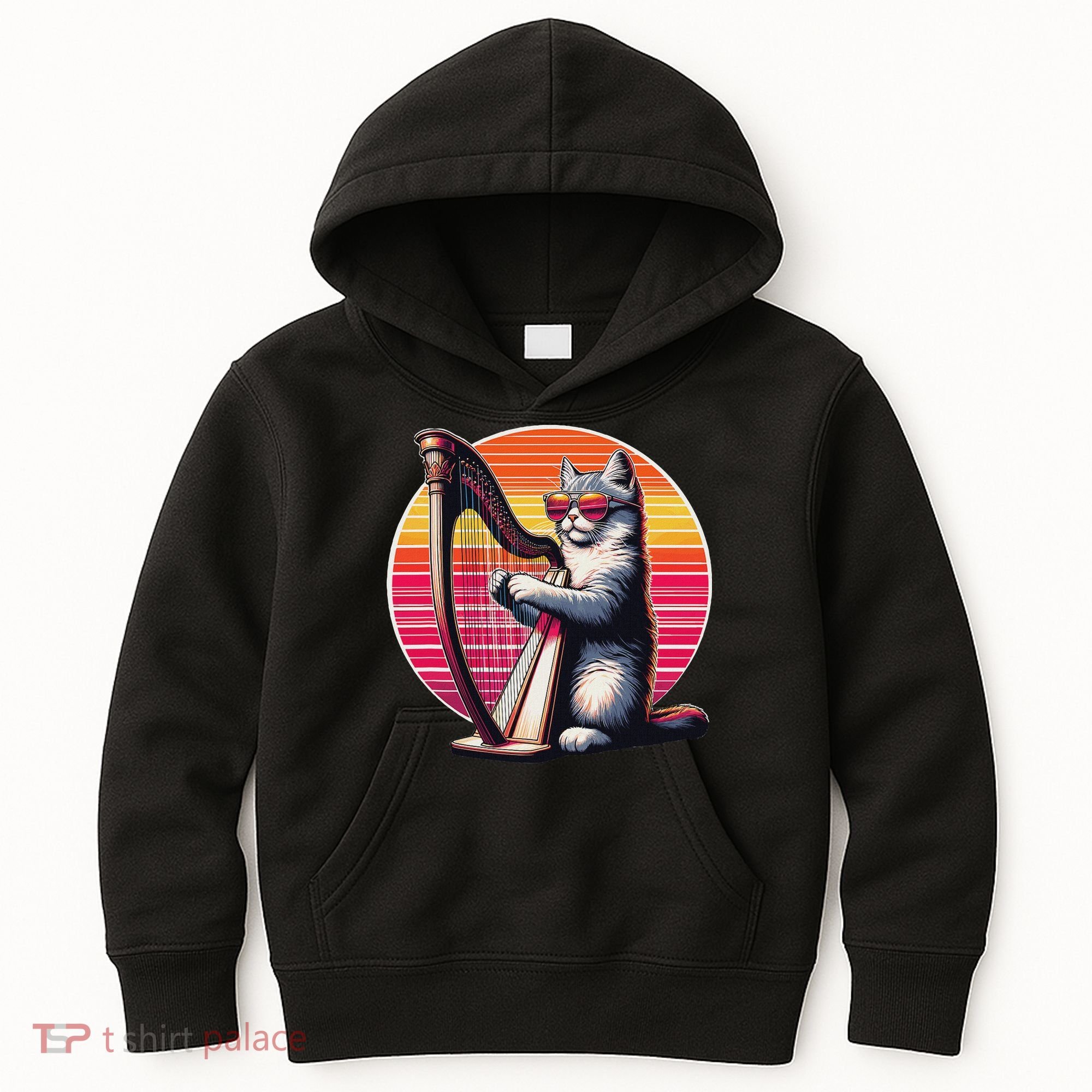 Musician Harpist Cat Wearing Sunglasses Cat Playing Harp Kids Hoodie