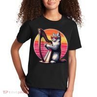 Musician Harpist Cat Wearing Sunglasses Cat Playing Harp Kids T-Shirt thumb 2
