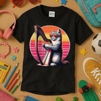 Musician Harpist Cat Wearing Sunglasses Cat Playing Harp Kids T-Shirt thumb 3