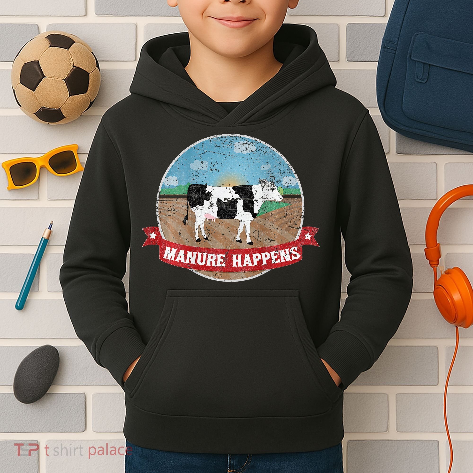 Manure Happens Cattle Ranch Farm Cow Dairy Humor Kids Hoodie