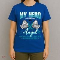 My Hero Is Now My Angel Ovarian Cancer Ovary Teal Ribbon Gift T-Shirt thumb 4