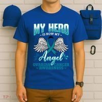 My Hero Is Now My Angel Ovarian Cancer Ovary Teal Ribbon Gift T-Shirt thumb 6