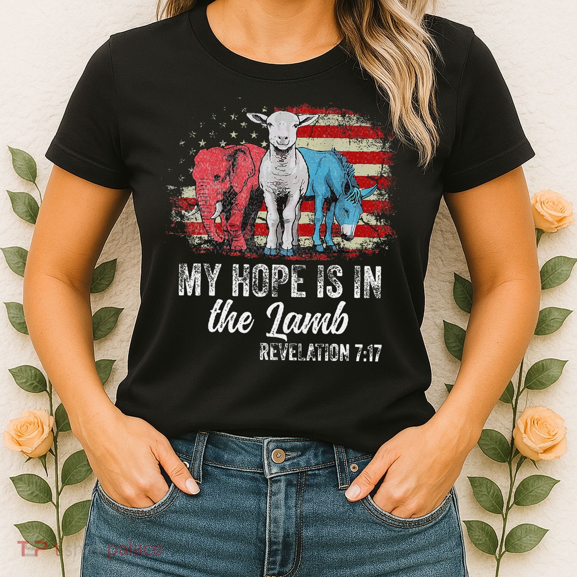 My Hope Is In The Lamb Funny Scripture Elephant Donkey Us Women's T-Shirt
