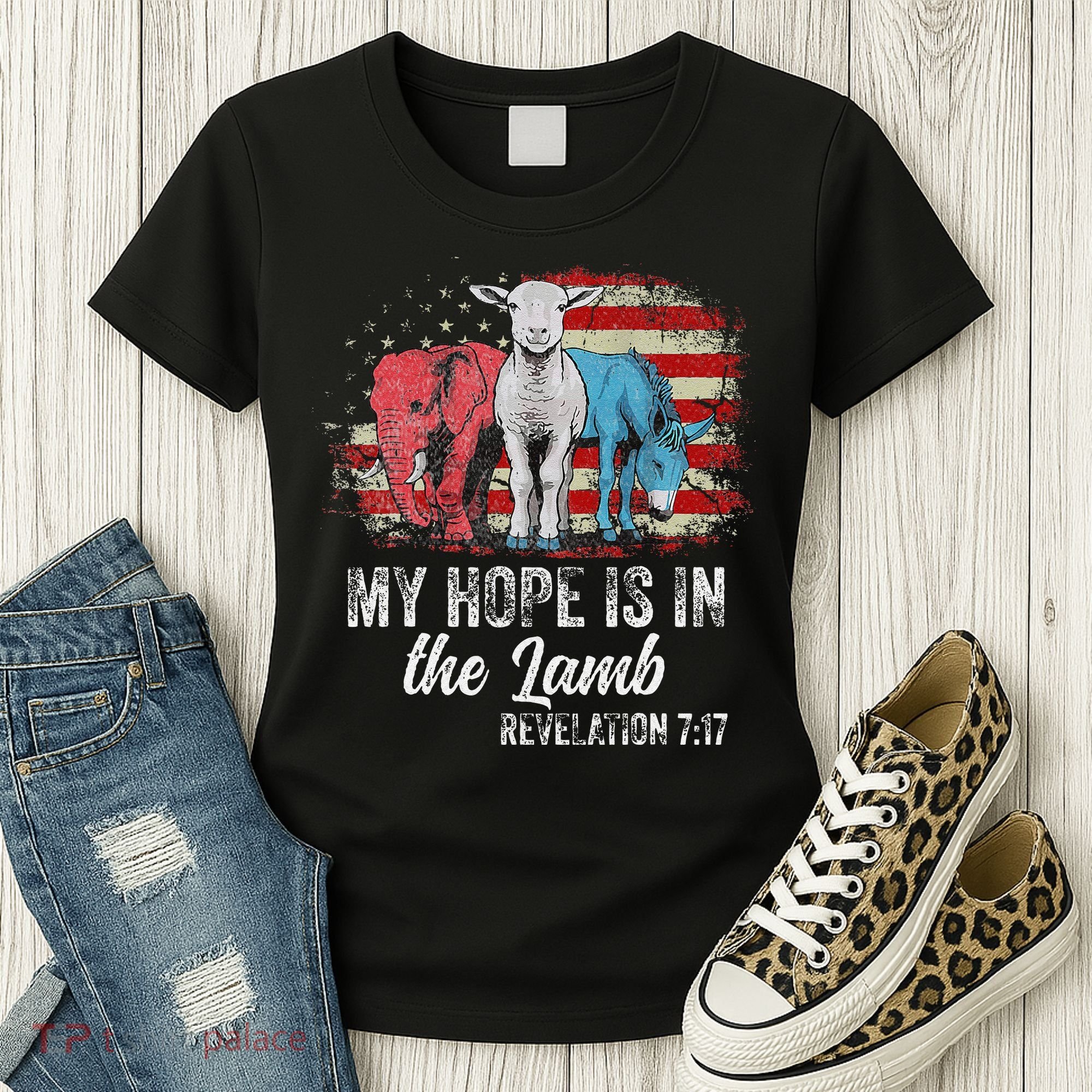 My Hope Is In The Lamb Funny Scripture Elephant Donkey Us Women's T-Shirt