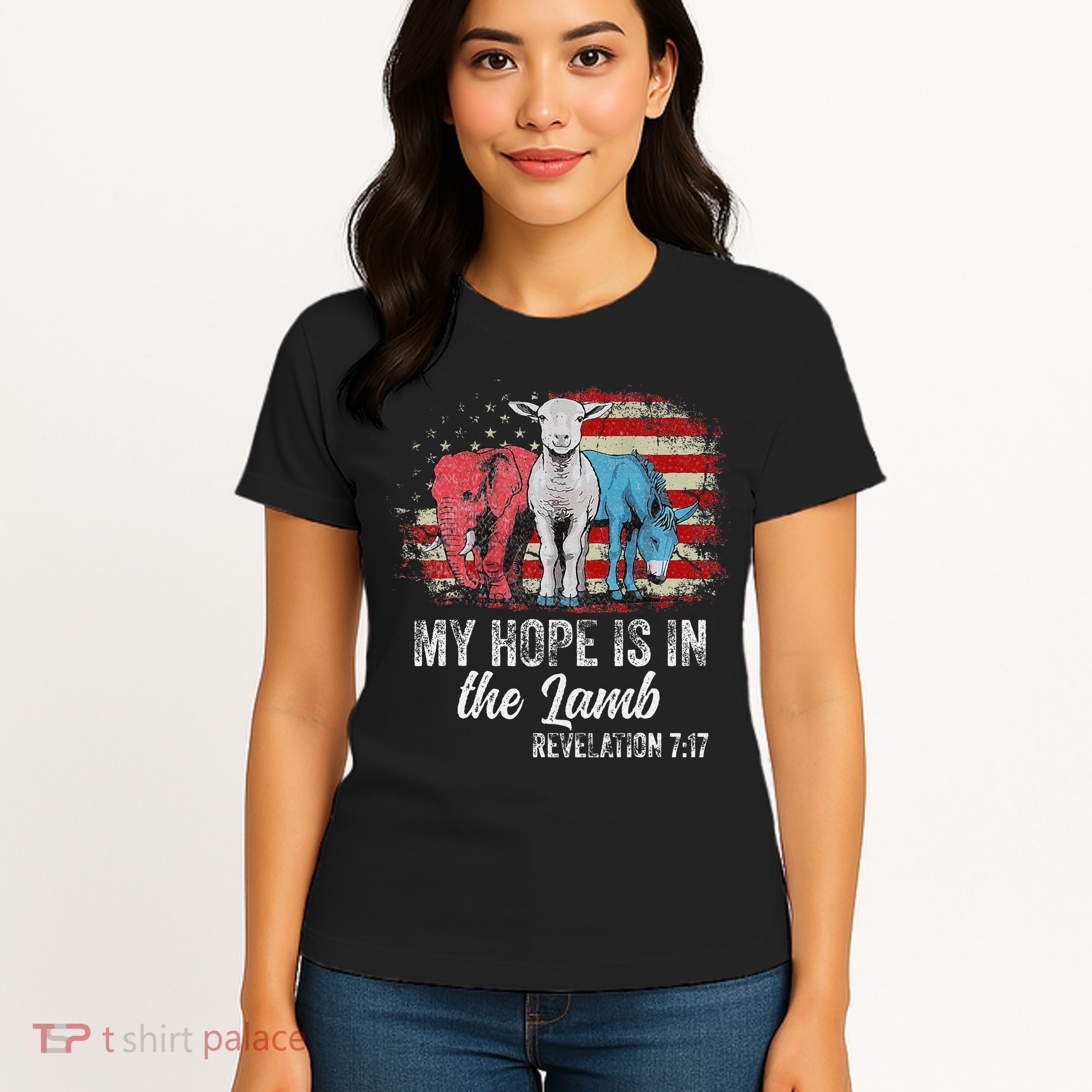 My Hope Is In The Lamb Funny Scripture Elephant Donkey Us Women's T-Shirt