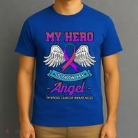 My Hero Is Now My Angel Thyroid Cancer Purple Teal And Pink Gift T-Shirt thumb 3