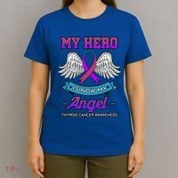My Hero Is Now My Angel Thyroid Cancer Purple Teal And Pink Gift T-Shirt thumb 4