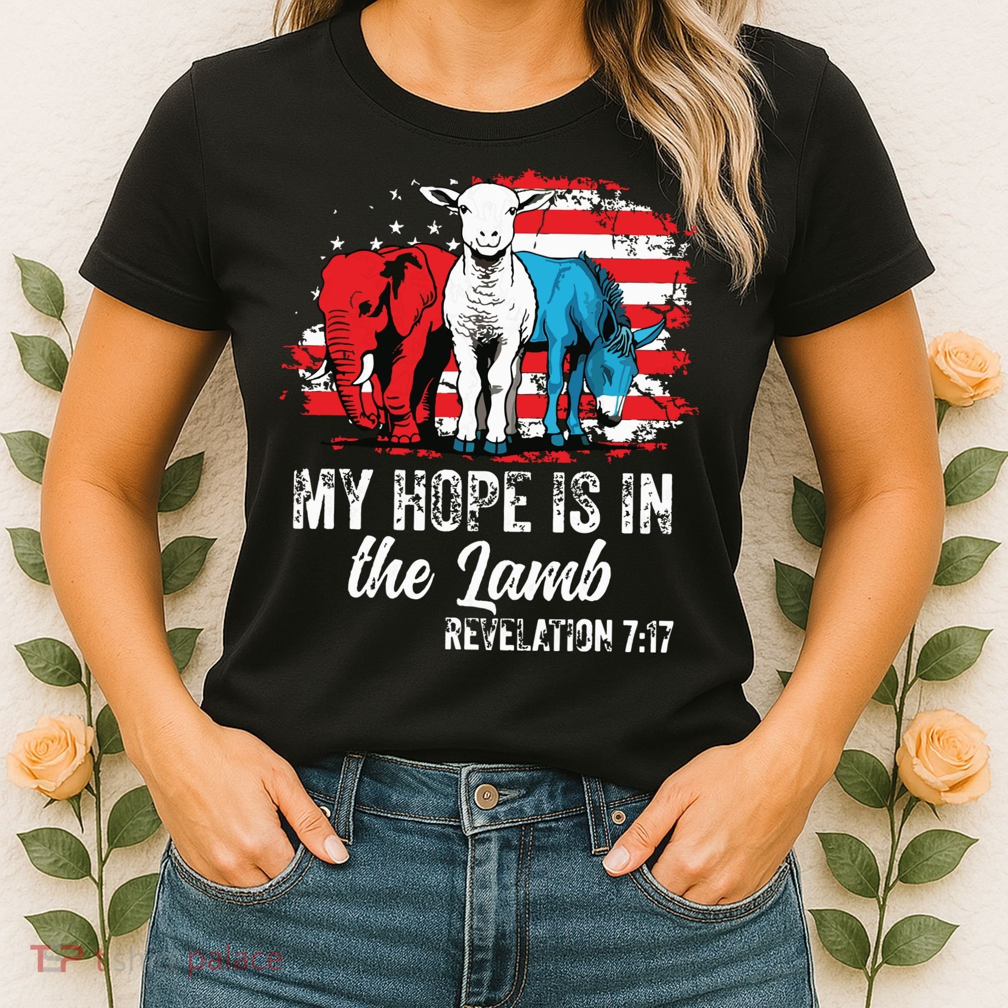 My Hope Is In The Lamb Funny Scripture Elephant Donkey Us Women's T-Shirt