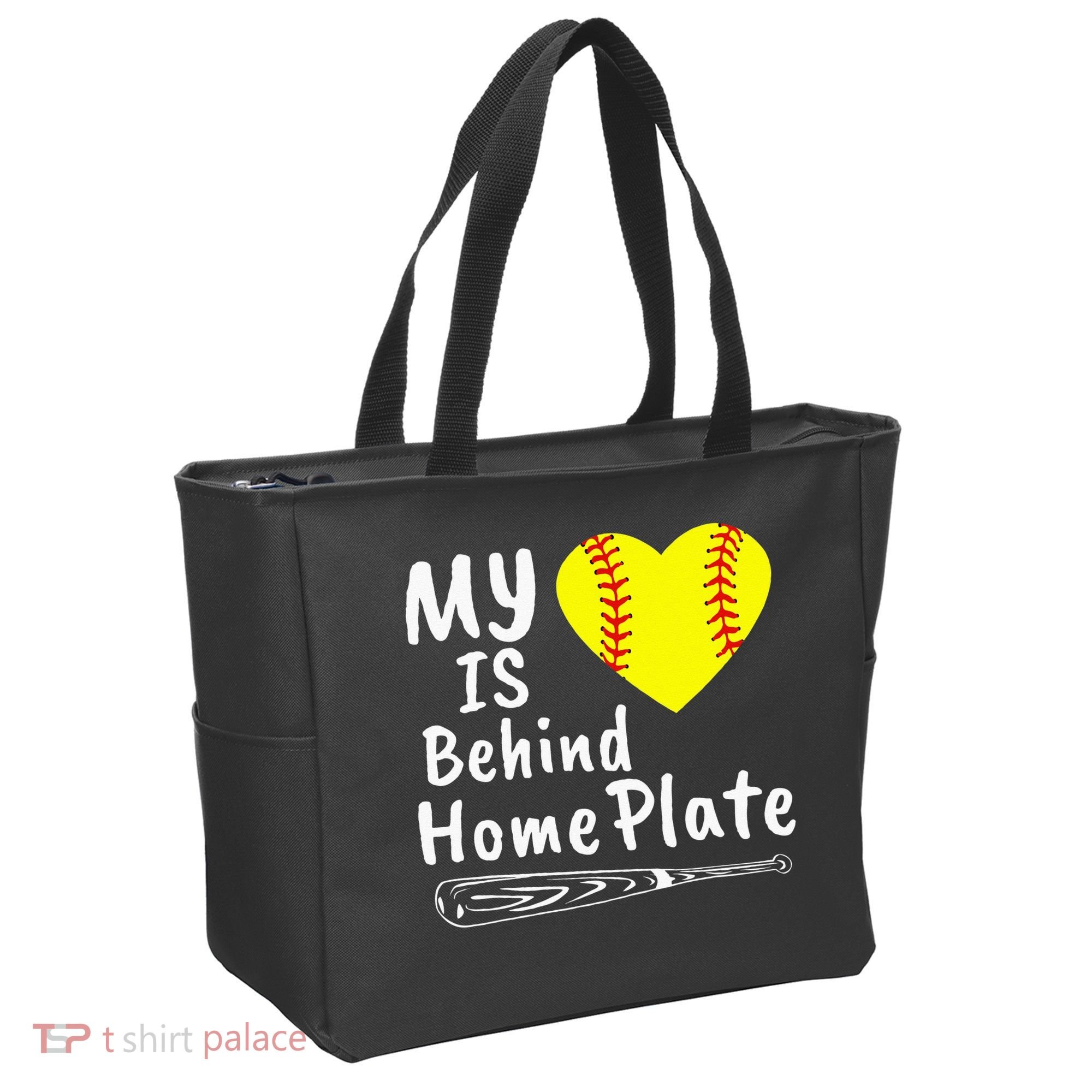 My Heart Is Behind Home Plate Softball Proud Mom Dad Tote Bag