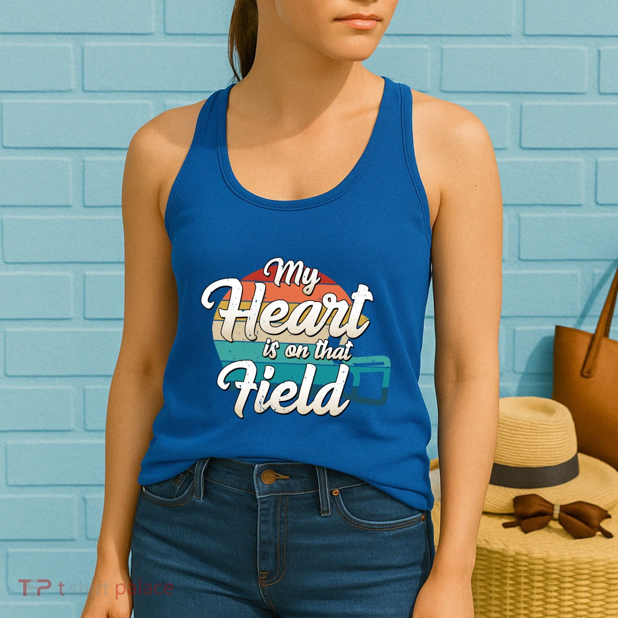 My Heart Is On That Field Retro Football Helmet Mom Dad Meaningful Gift Women's Tank Top