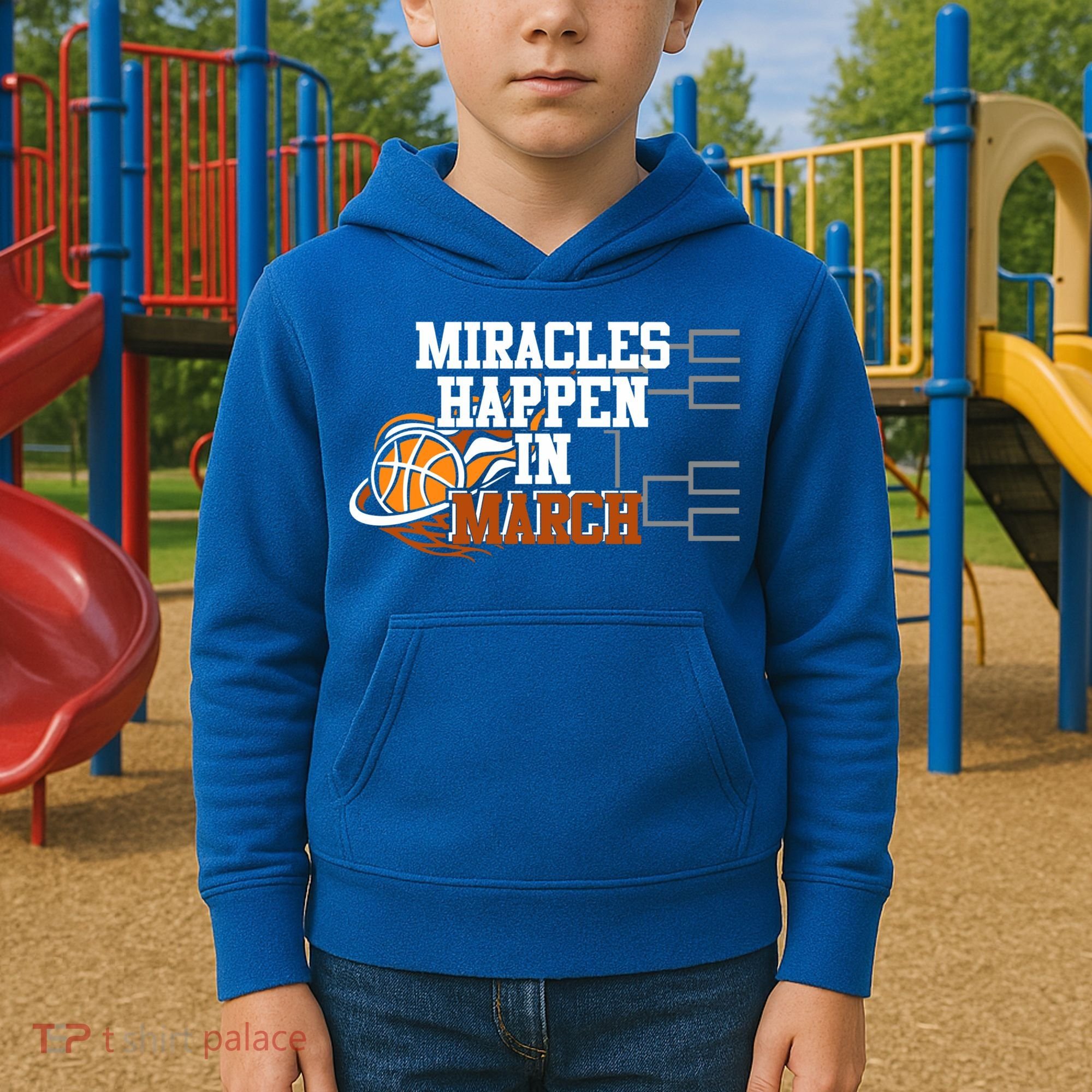 Miracles Happen In March Basketball Madness Brackets Gift Kids Hoodie