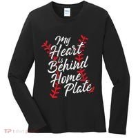 My Heart Is Behind Home Plate Baseball Laces Catcher Cute Women's Long Sleeve Shirt thumb 0