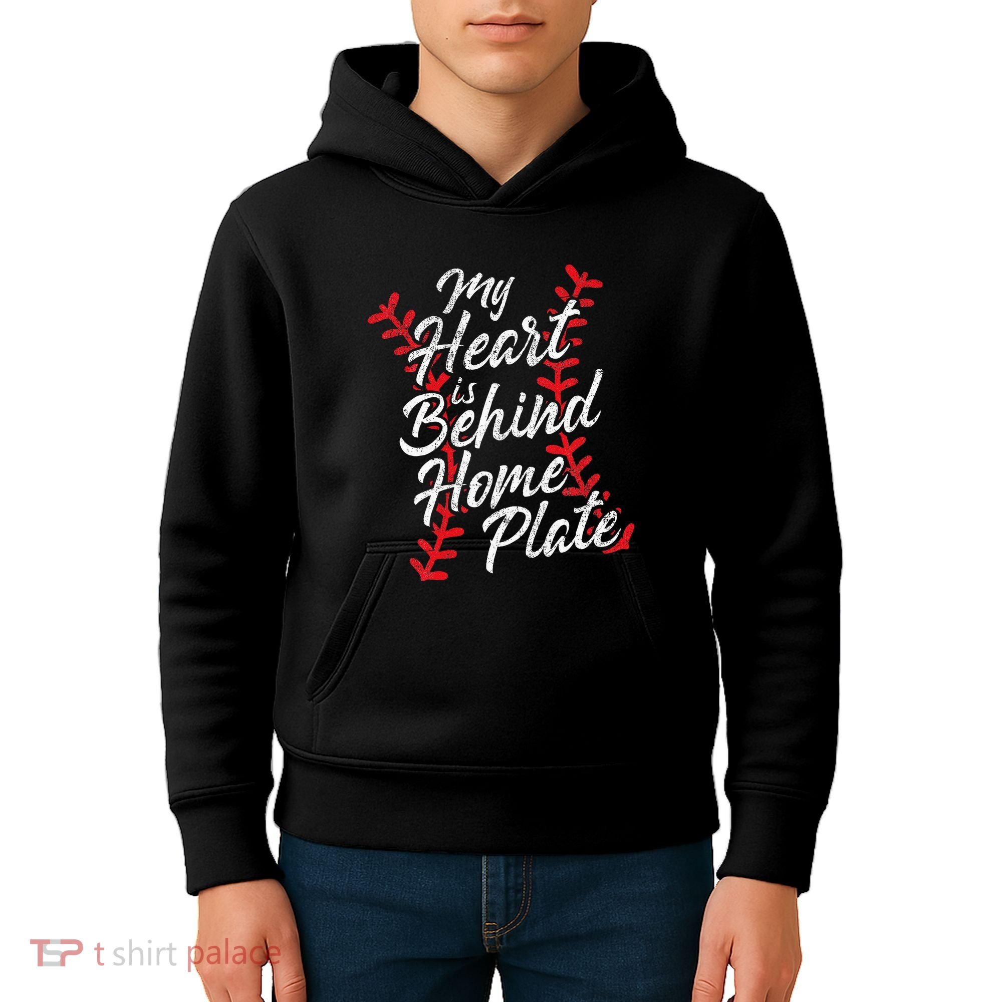 My Heart Is Behind Home Plate Baseball Laces Catcher Cute Kids Hoodie