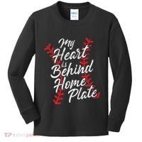 My Heart Is Behind Home Plate Baseball Laces Catcher Cute Kids Long Sleeve Shirt thumb 0