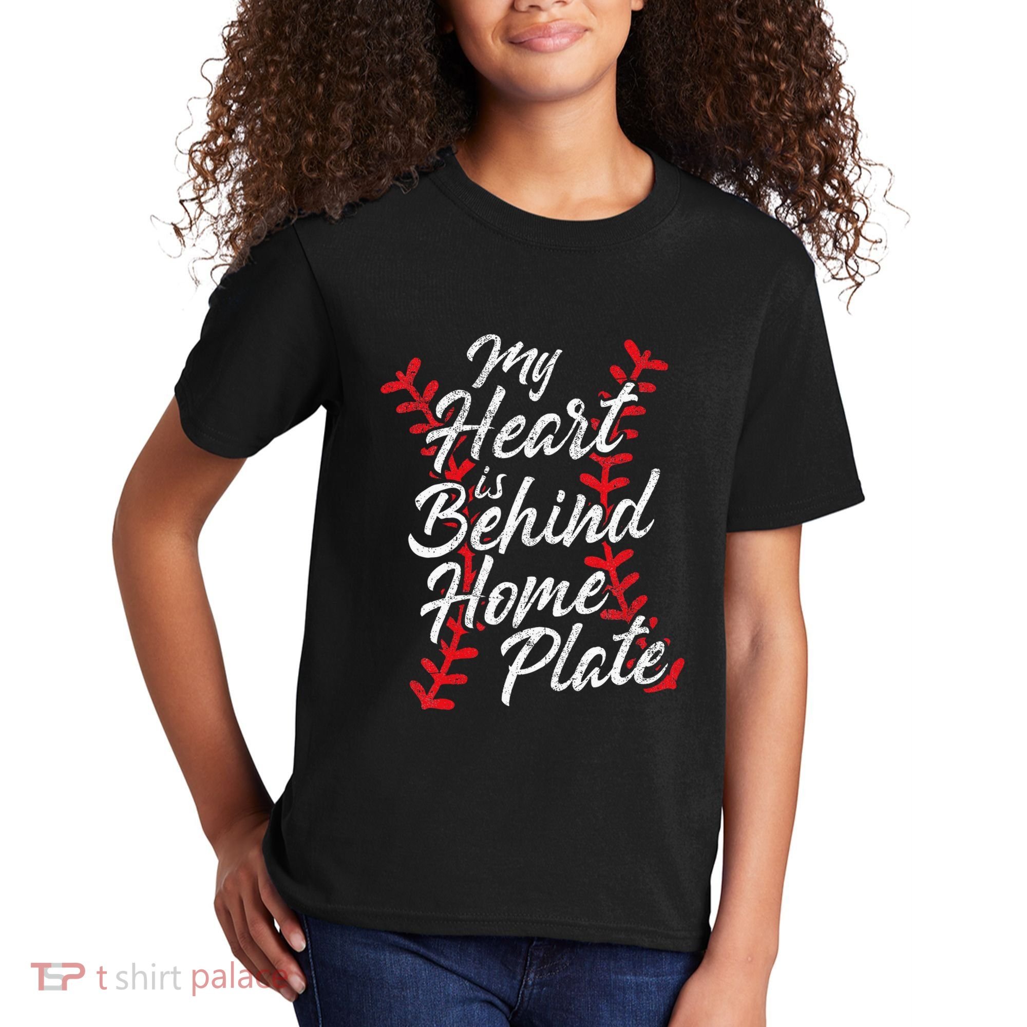 My Heart Is Behind Home Plate Baseball Laces Catcher Cute Kids T-Shirt