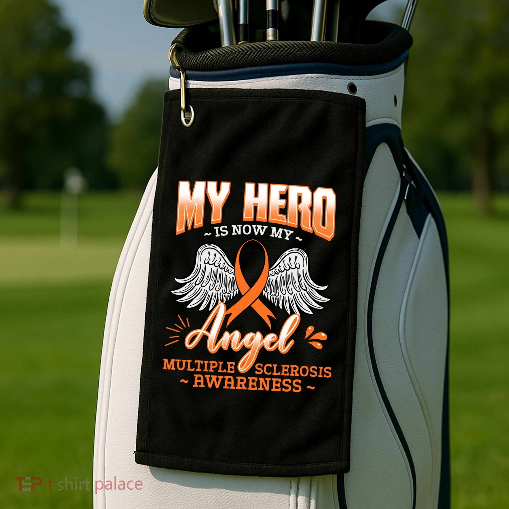 My Hero Is Now My Angel Multiple Sclerosis Glial Scar Orange Meaningful Gift Golf Towel