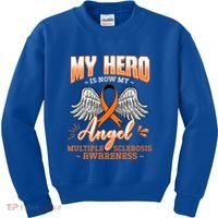 My Hero Is Now My Angel Multiple Sclerosis Glial Scar Orange Meaningful Gift Kids Sweatshirt thumb 0