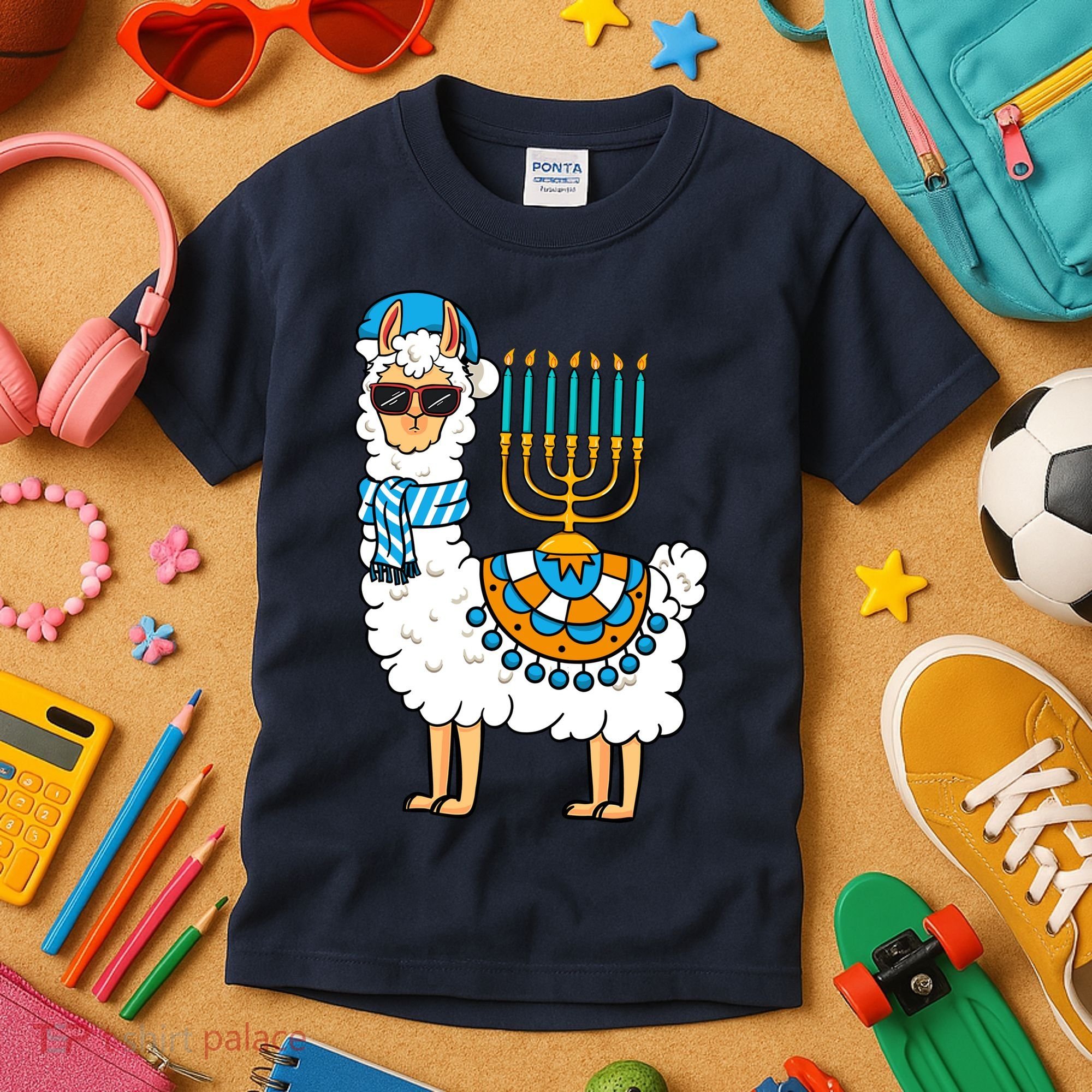 Menorah Hanukkah Llama Cute Alpaca Chanukah Kids T-Shirt