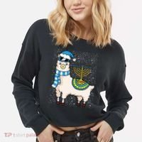 Menorah Hanukkah Llama Cute Alpaca Chanukah Cropped Pullover Crew thumb 2