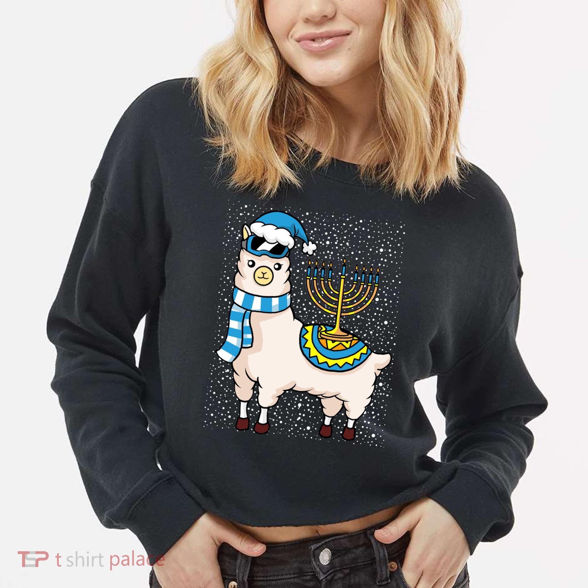 Menorah Hanukkah Llama Cute Alpaca Chanukah Cropped Pullover Crew