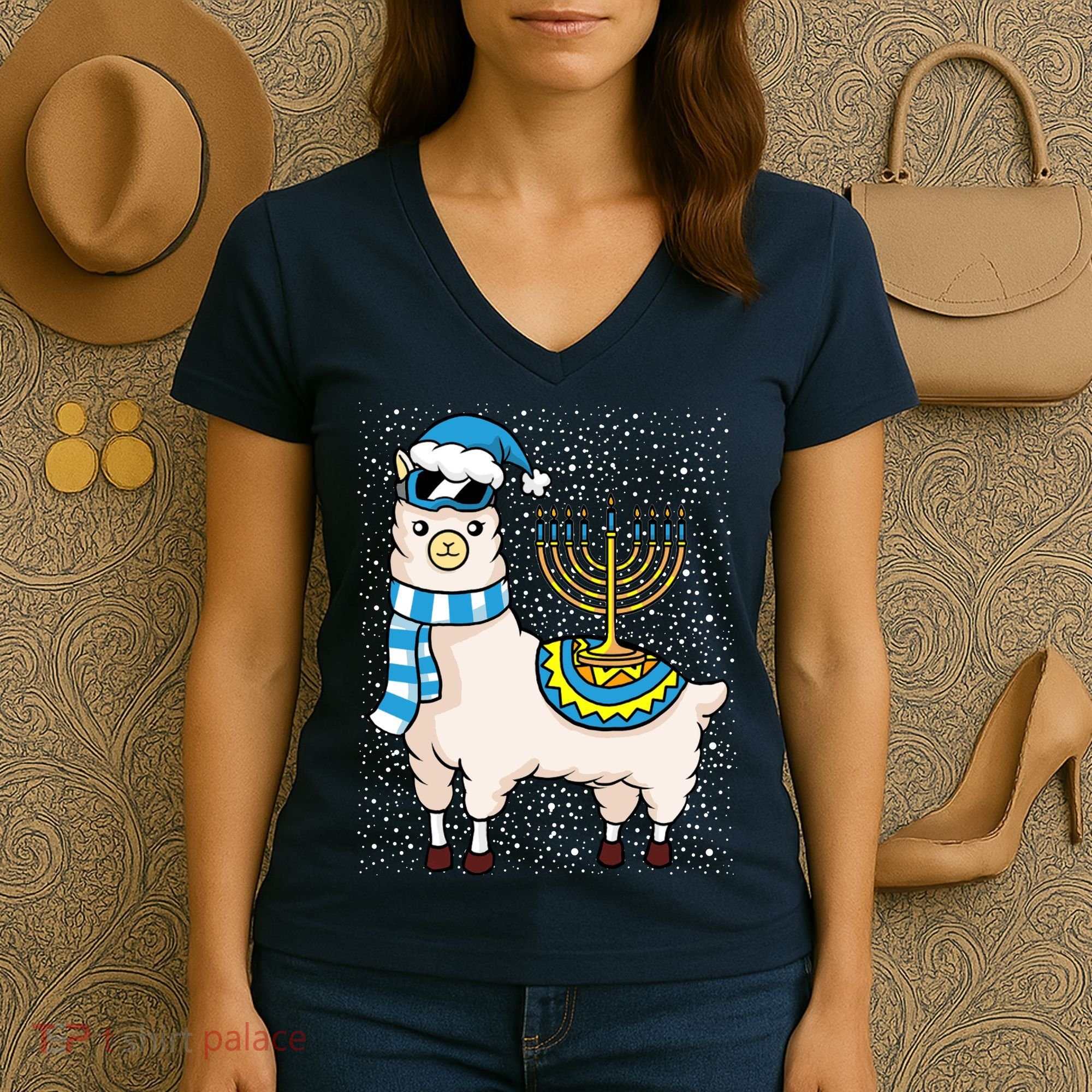 Menorah Hanukkah Llama Cute Alpaca Chanukah Women's V-Neck T-Shirt