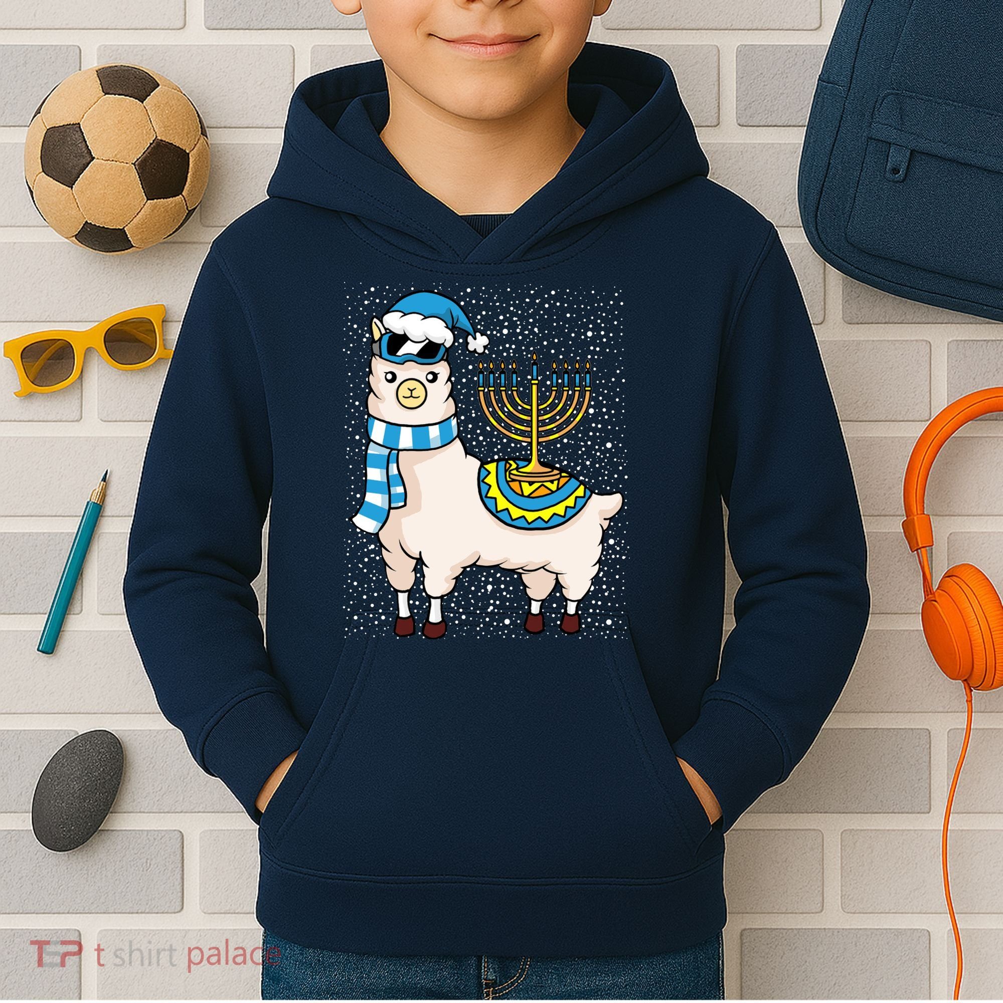 Menorah Hanukkah Llama Cute Alpaca Chanukah Kids Hoodie