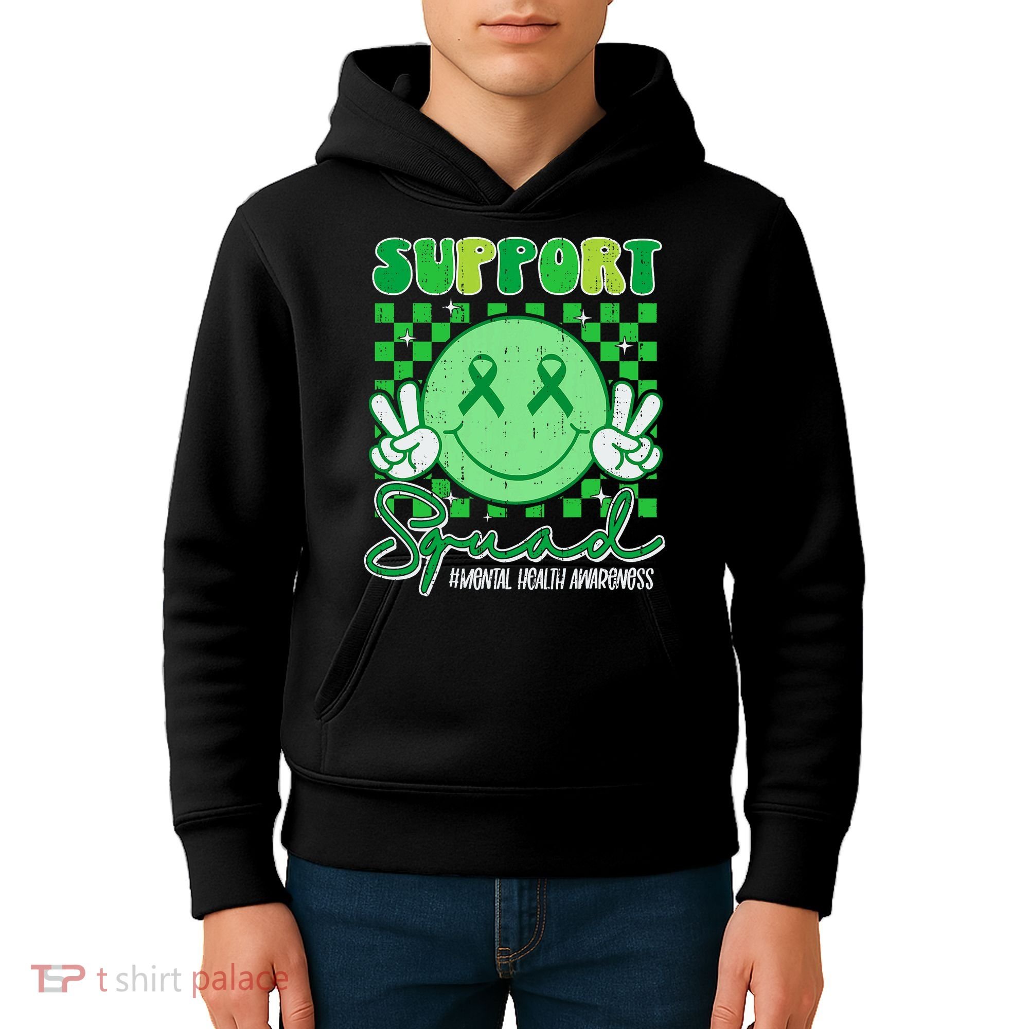 Mental Health Matters Awareness Support Squad Green Ribbon  Kids Hoodie