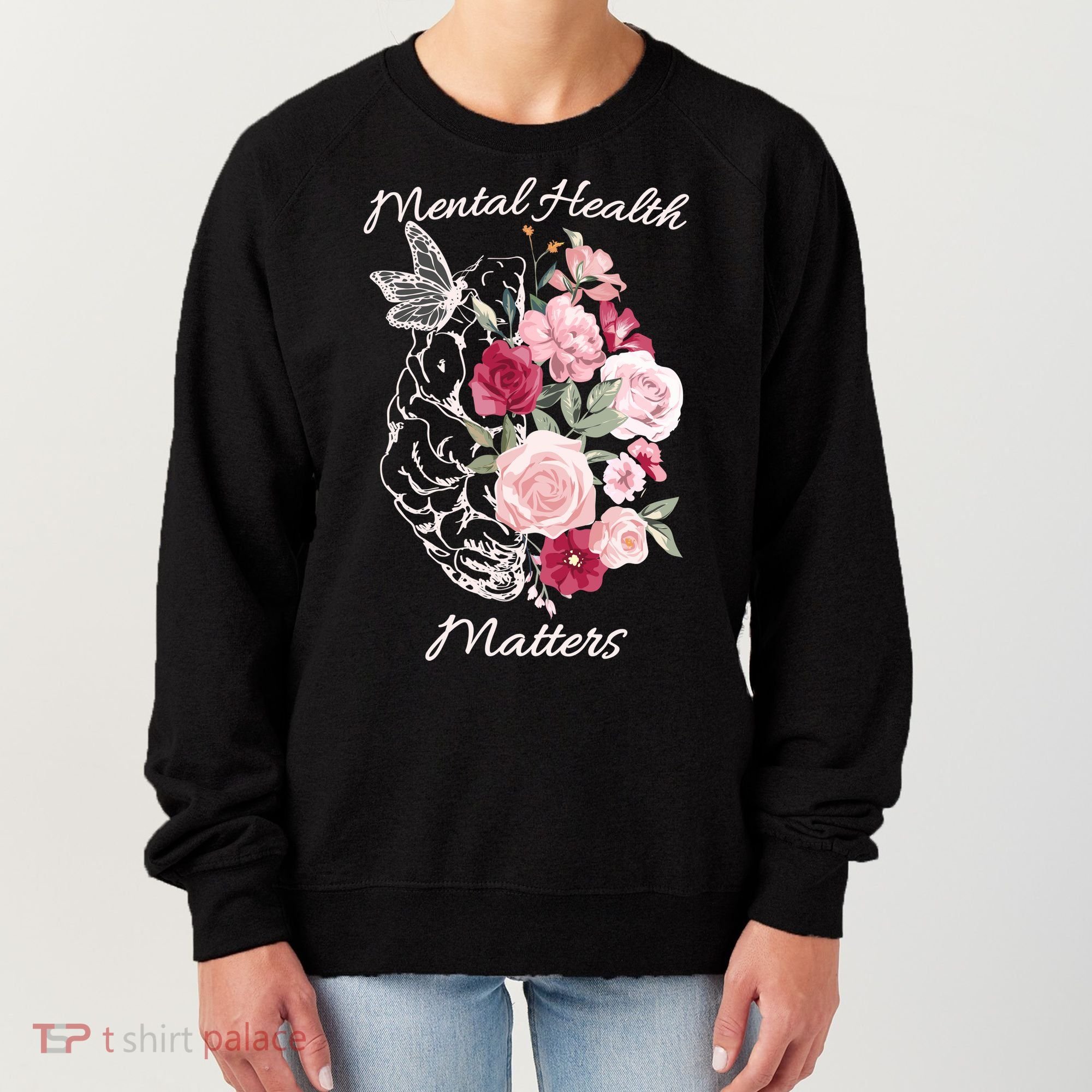 Mental Health Matters Hand Drawn Flowers Brain Awareness Month Women's Sweatshirt