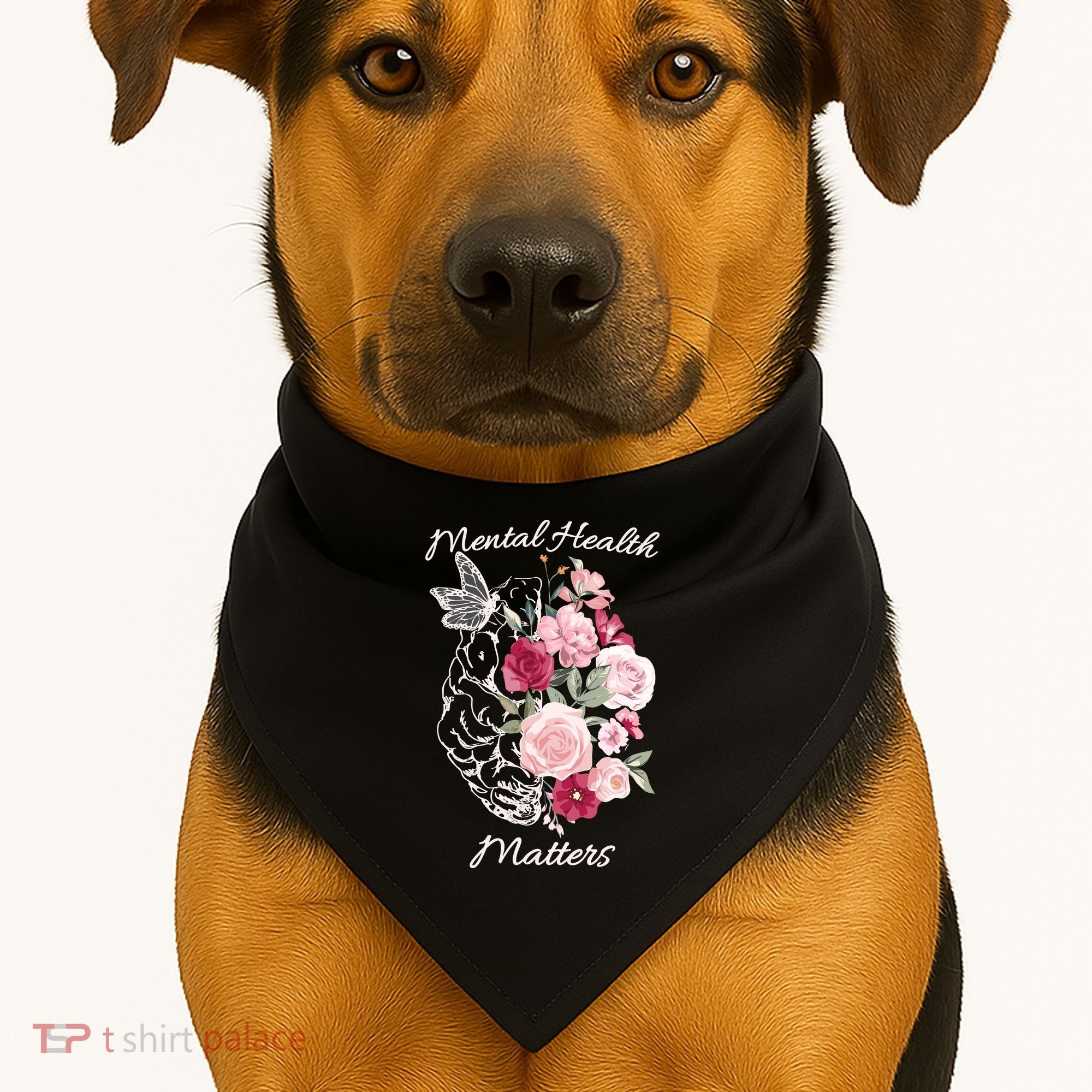 Mental Health Matters Hand Drawn Flowers Brain Awareness Month USA-Made Doggie Bandana