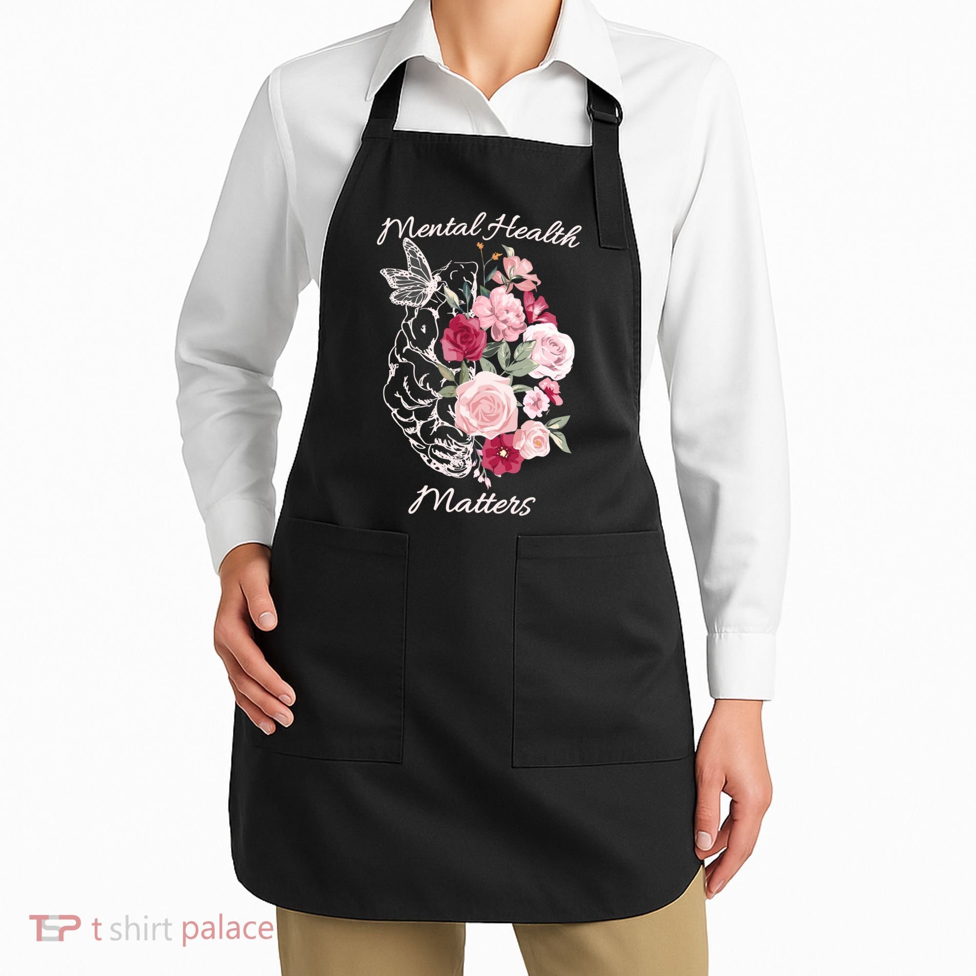 Mental Health Matters Hand Drawn Flowers Brain Awareness Month Apron