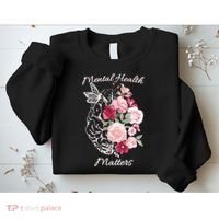 Mental Health Matters Hand Drawn Flowers Brain Awareness Month Sweatshirt thumb 2