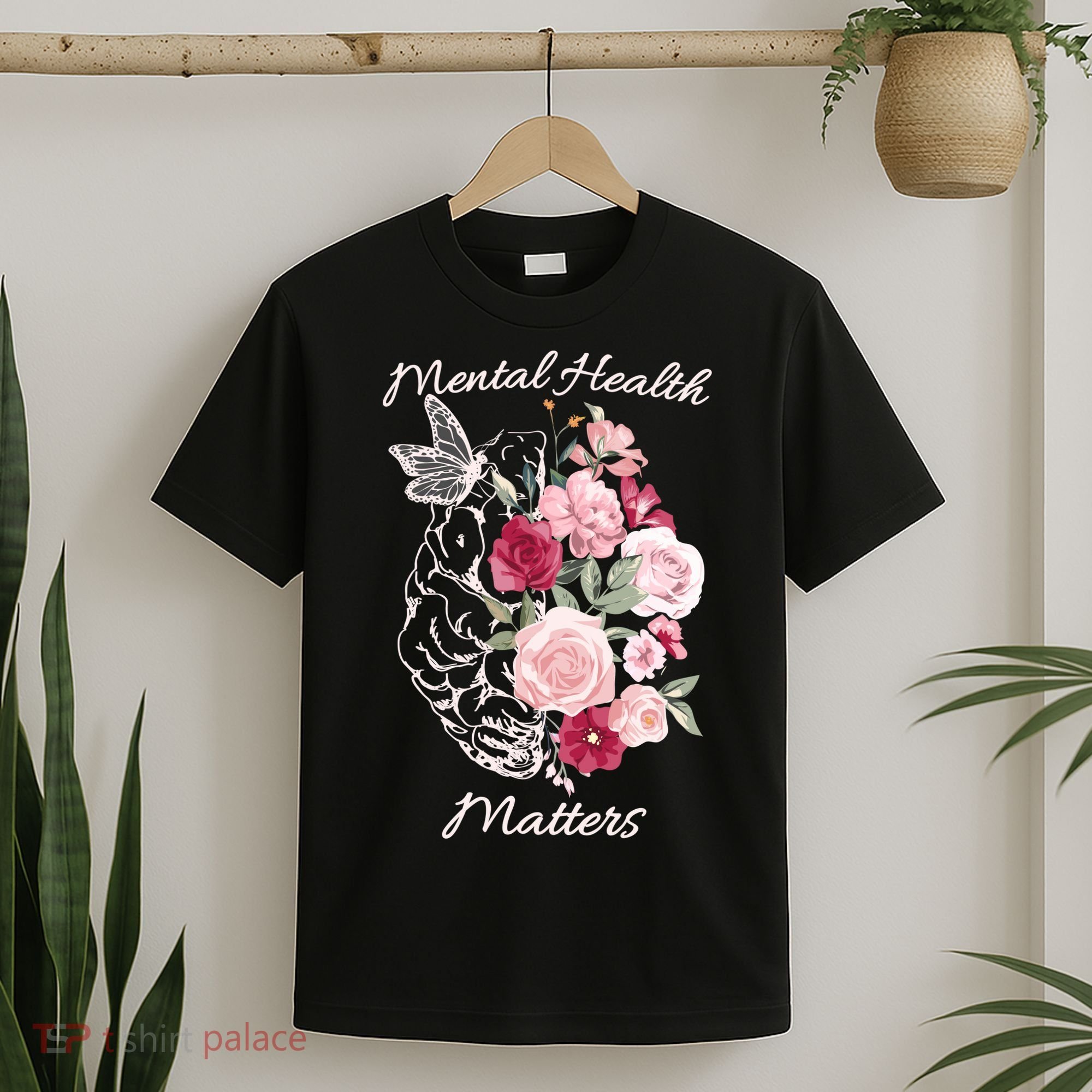 Mental Health Matters Hand Drawn Flowers Brain Awareness Month T-Shirt