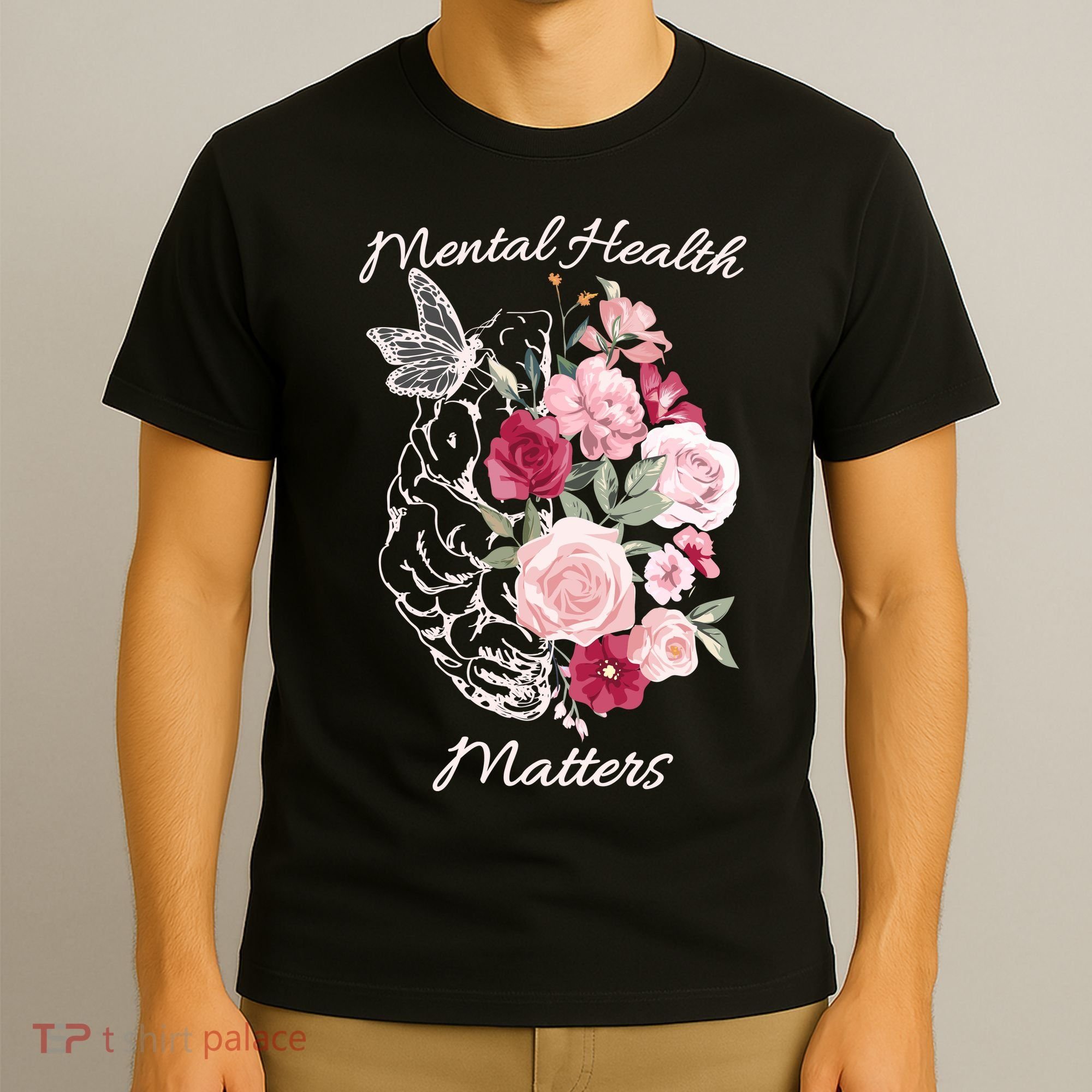 Mental Health Matters Hand Drawn Flowers Brain Awareness Month T-Shirt