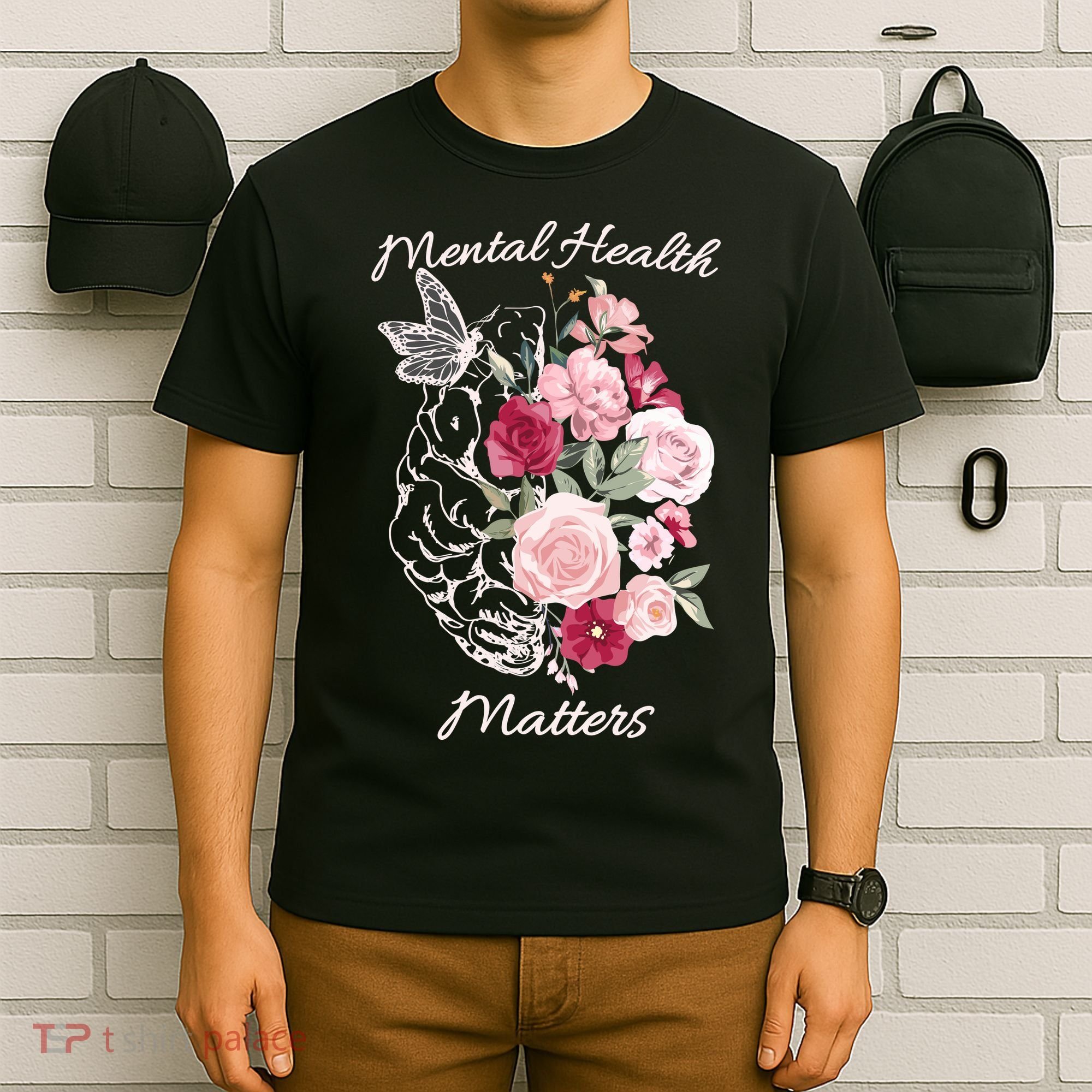 Mental Health Matters Hand Drawn Flowers Brain Awareness Month T-Shirt