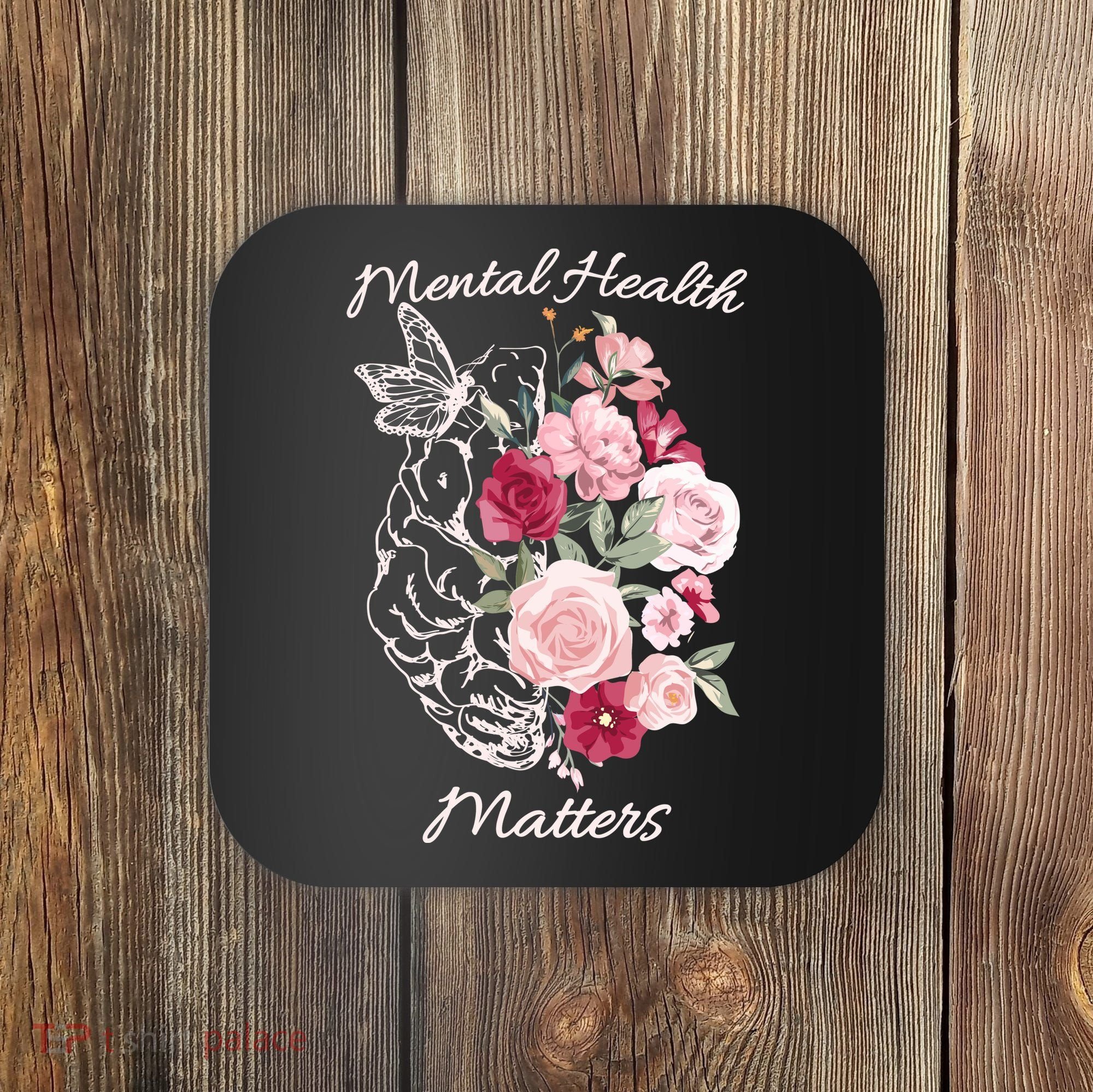 Mental Health Matters Hand Drawn Flowers Brain Awareness Month Coaster