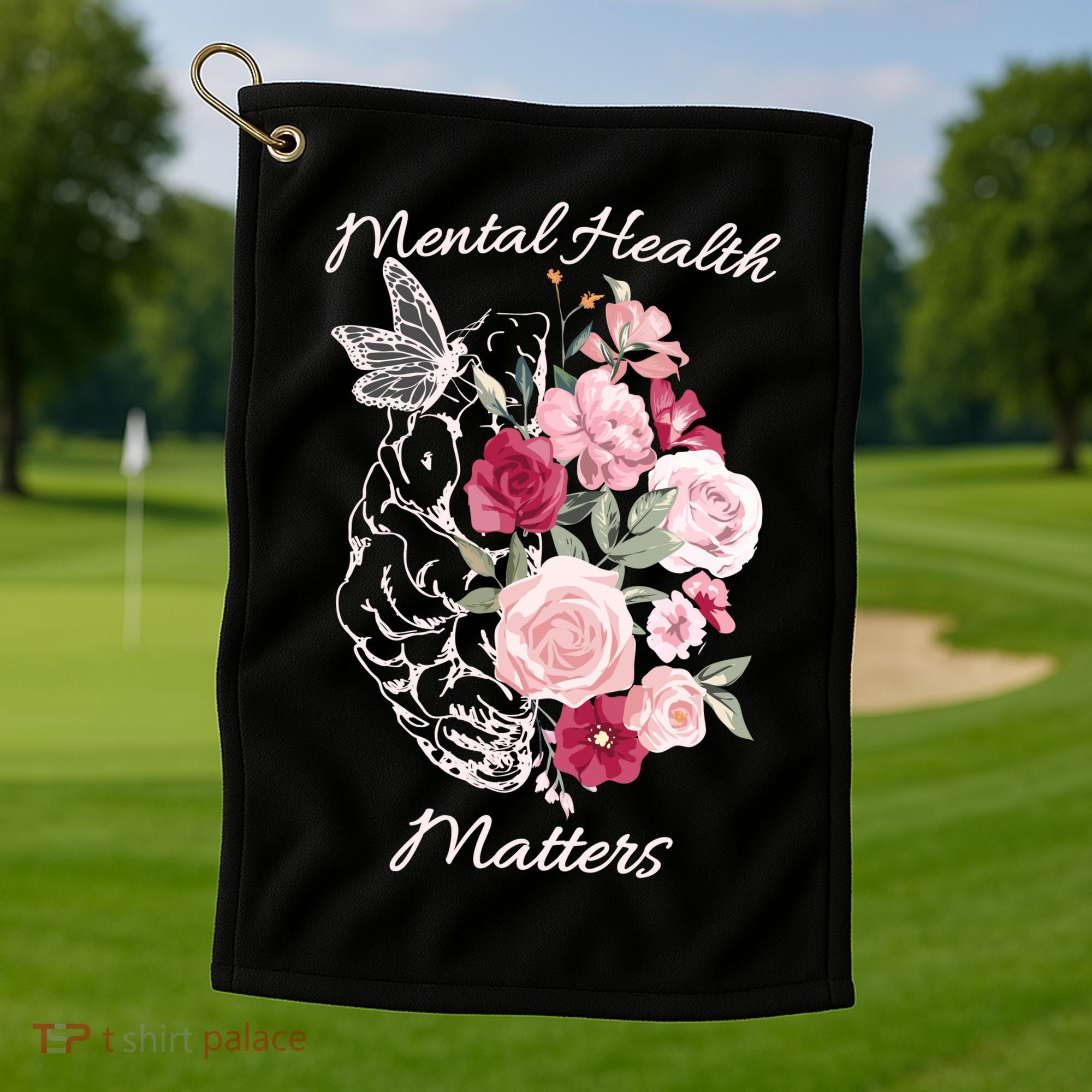 Mental Health Matters Hand Drawn Flowers Brain Awareness Month Golf Towel