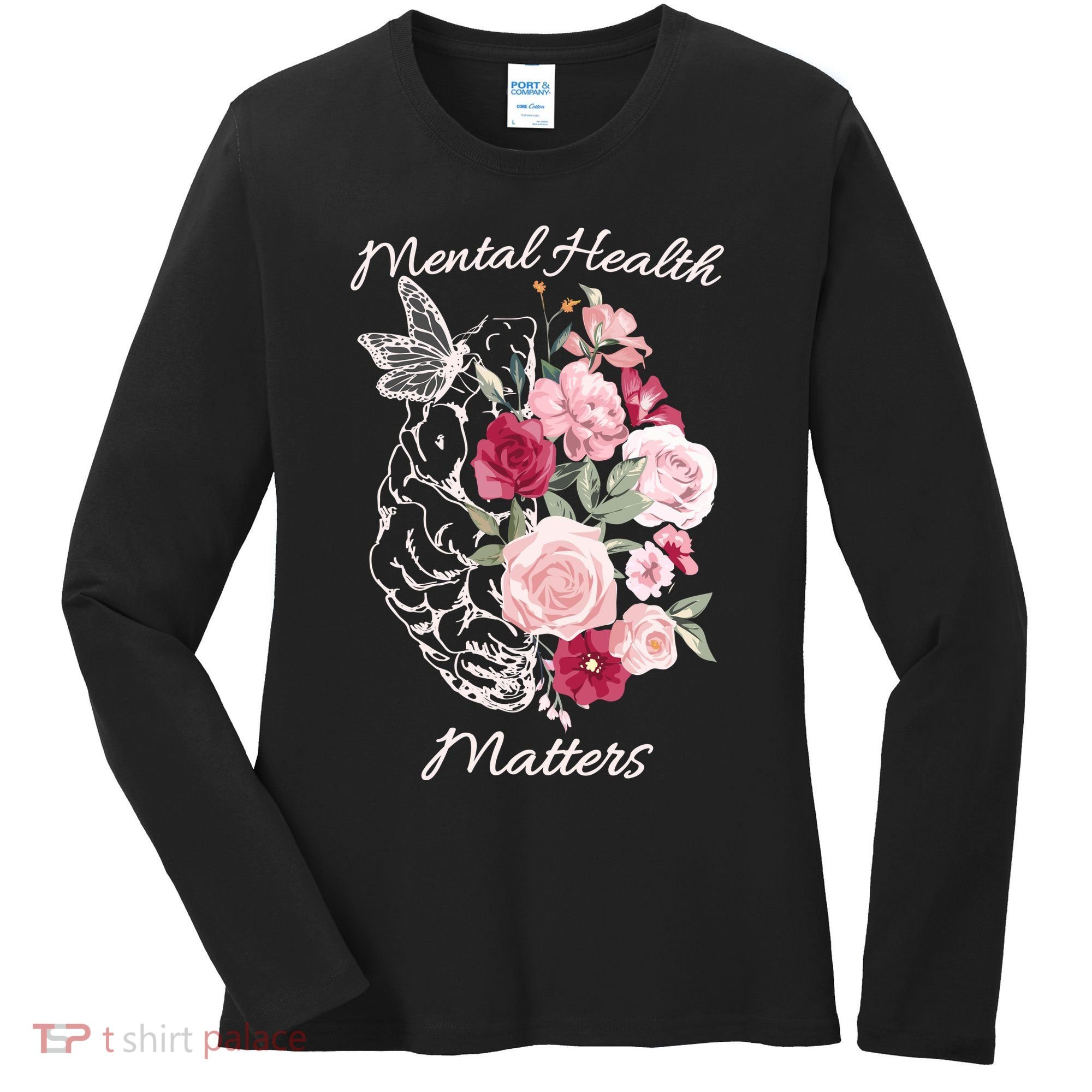 Mental Health Matters Hand Drawn Flowers Brain Awareness Month Women's Long Sleeve Shirt